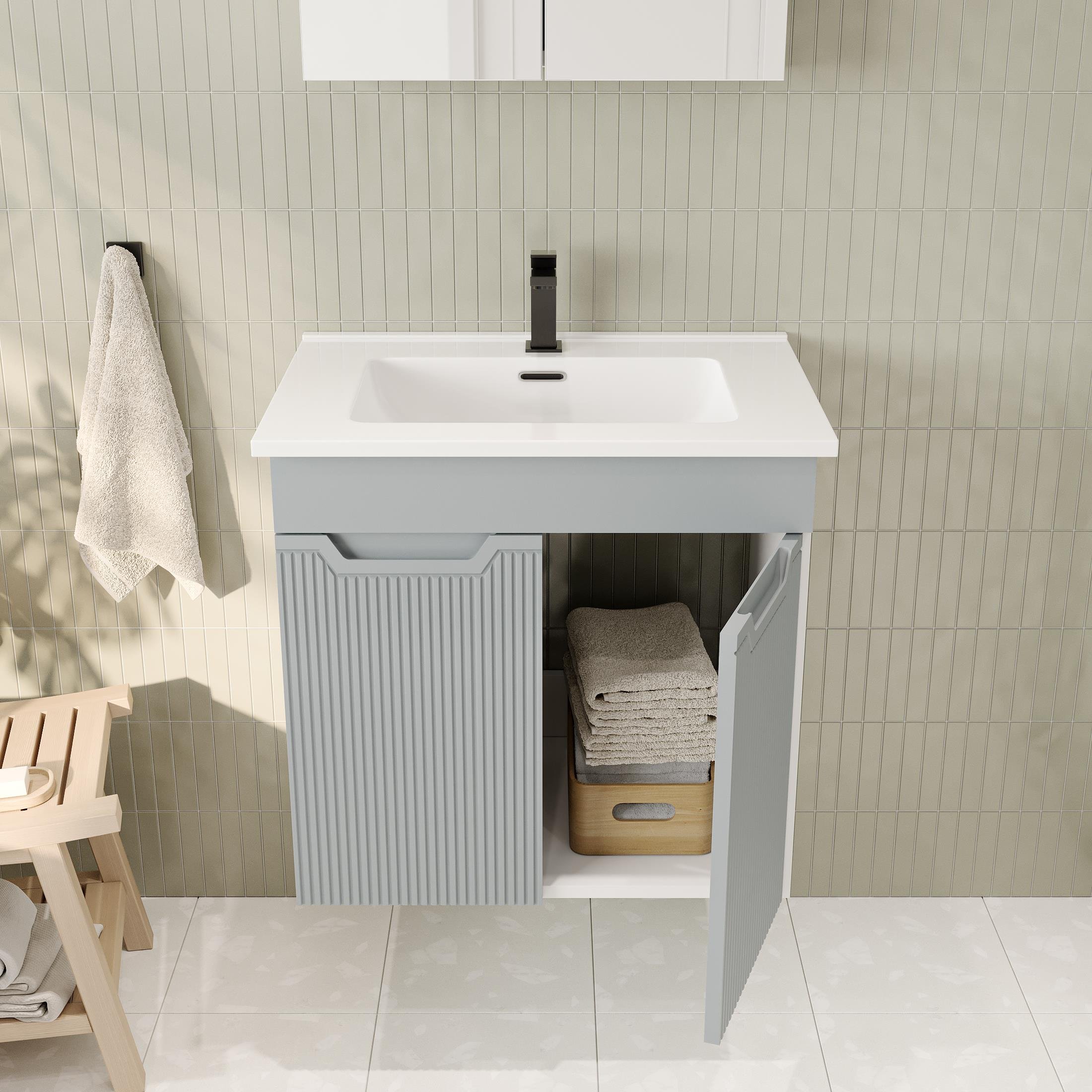 Banyo Dolabı, Ayna Ve Lavabo Seti, 65 Cm, İnci Gri