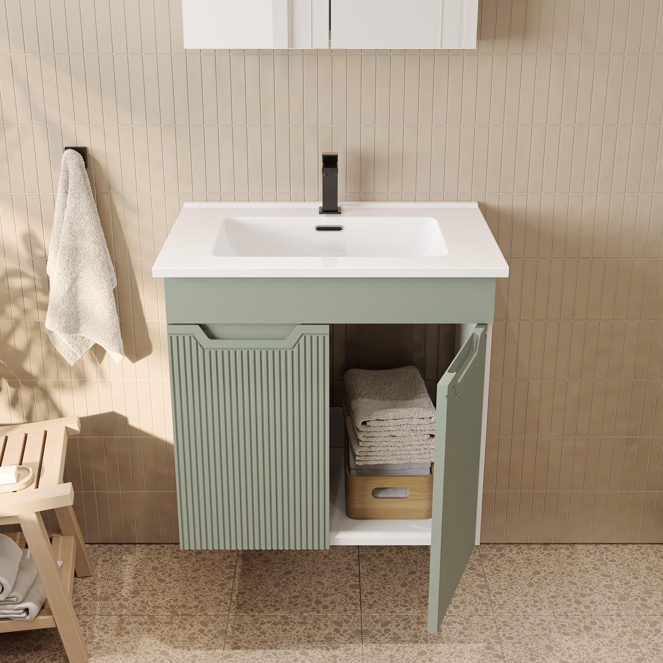 Banyo Dolabı, Ayna Ve Lavabo Seti, 65 Cm, Soft Su Yeşili