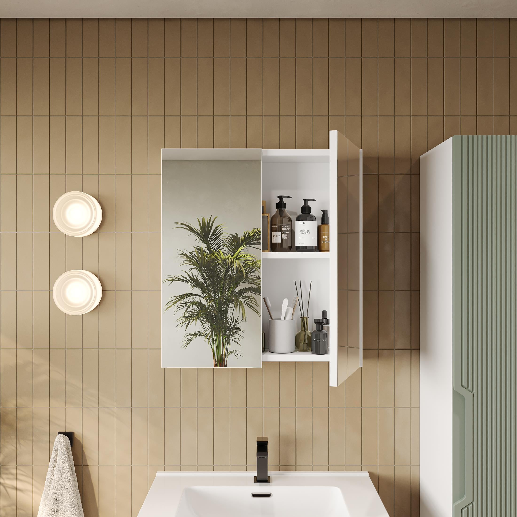 Banyo Dolabı, Ayna Ve Lavabo Seti, Boy Dolaplı 65 Cm, Soft Su Yeşili