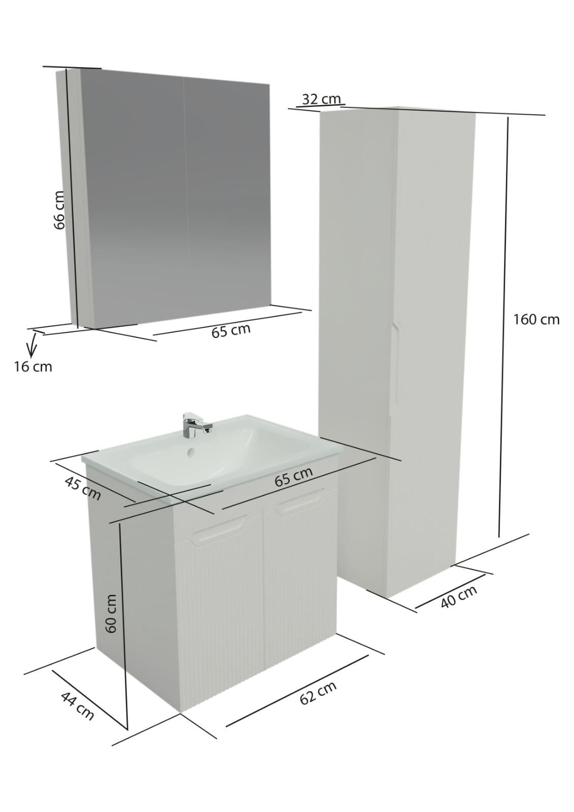 Banyo Dolabı, Ayna Ve Lavabo Seti, Boy Dolaplı 65 Cm, Soft Su Yeşili