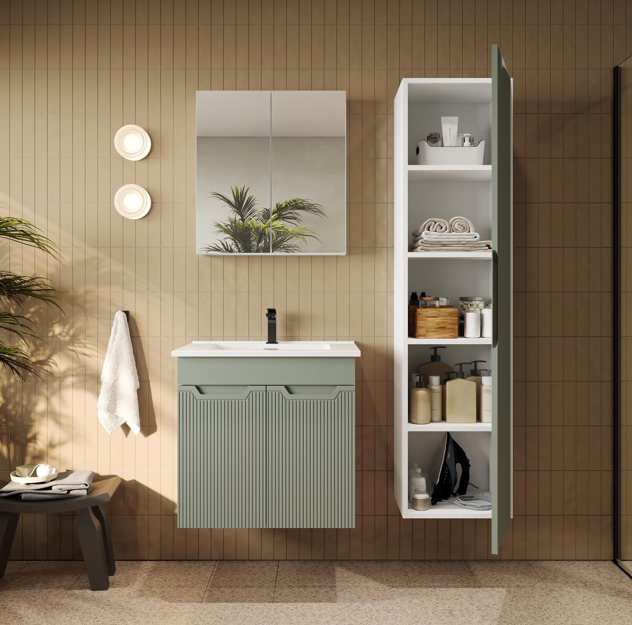 Banyo Dolabı, Ayna Ve Lavabo Seti, Boy Dolaplı 65 Cm, Soft Su Yeşili