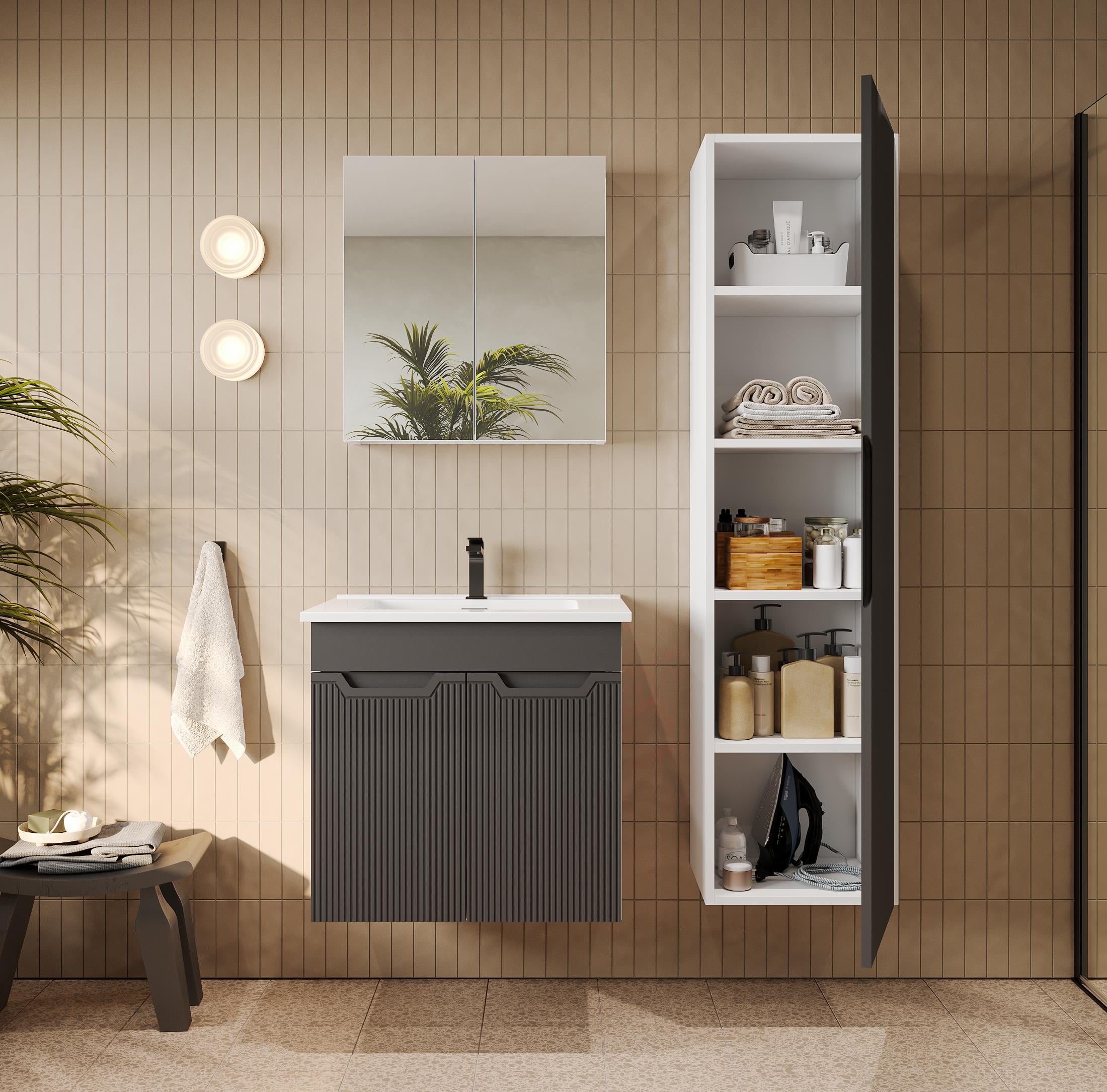 Banyo Dolabı, Ayna Ve Lavabo Seti, Boy Dolaplı 65 Cm, Antrasit Gri
