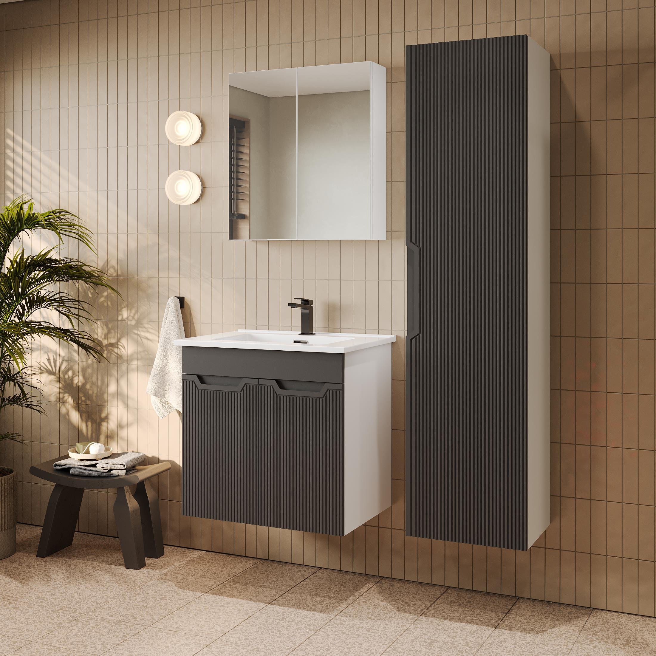 Banyo Dolabı, Ayna Ve Lavabo Seti, Boy Dolaplı 65 Cm, Antrasit Gri
