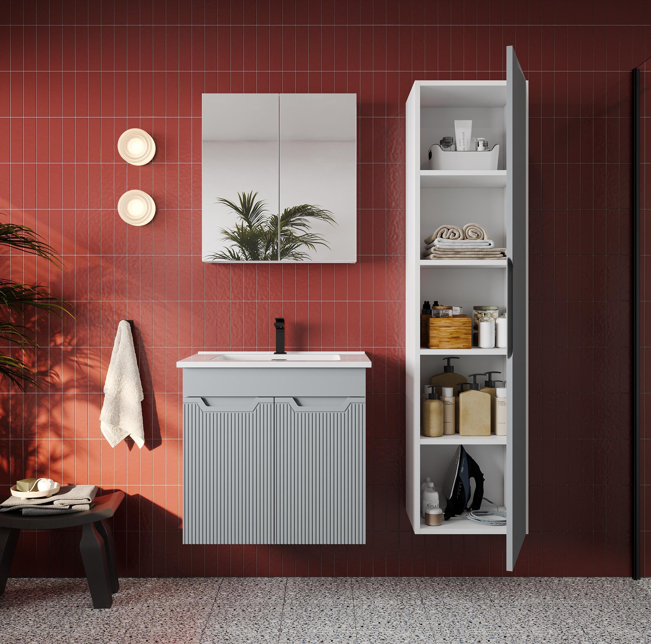 Banyo Dolabı, Ayna Ve Lavabo Seti, Boy Dolaplı 65 Cm, İnci Gri