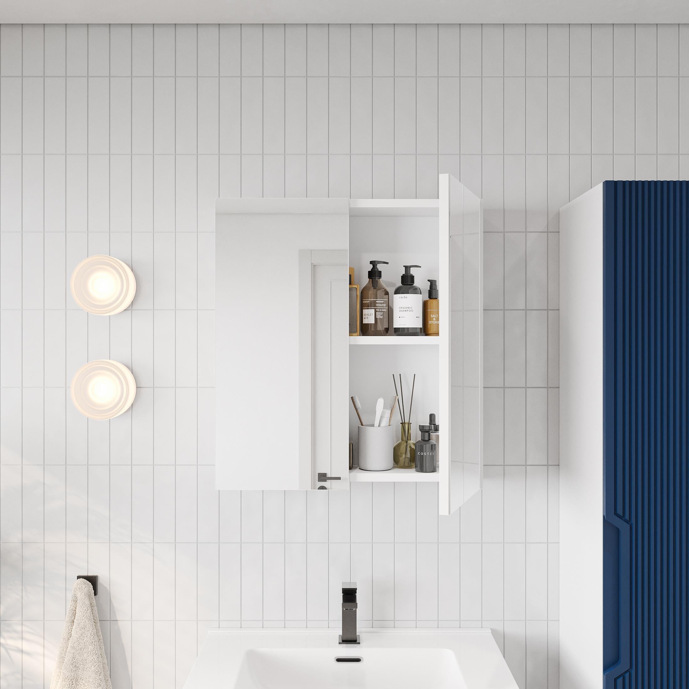 Banyo Dolabı, Ayna Ve Lavabo Seti, Boy Dolaplı 65 Cm, Belize Mavi