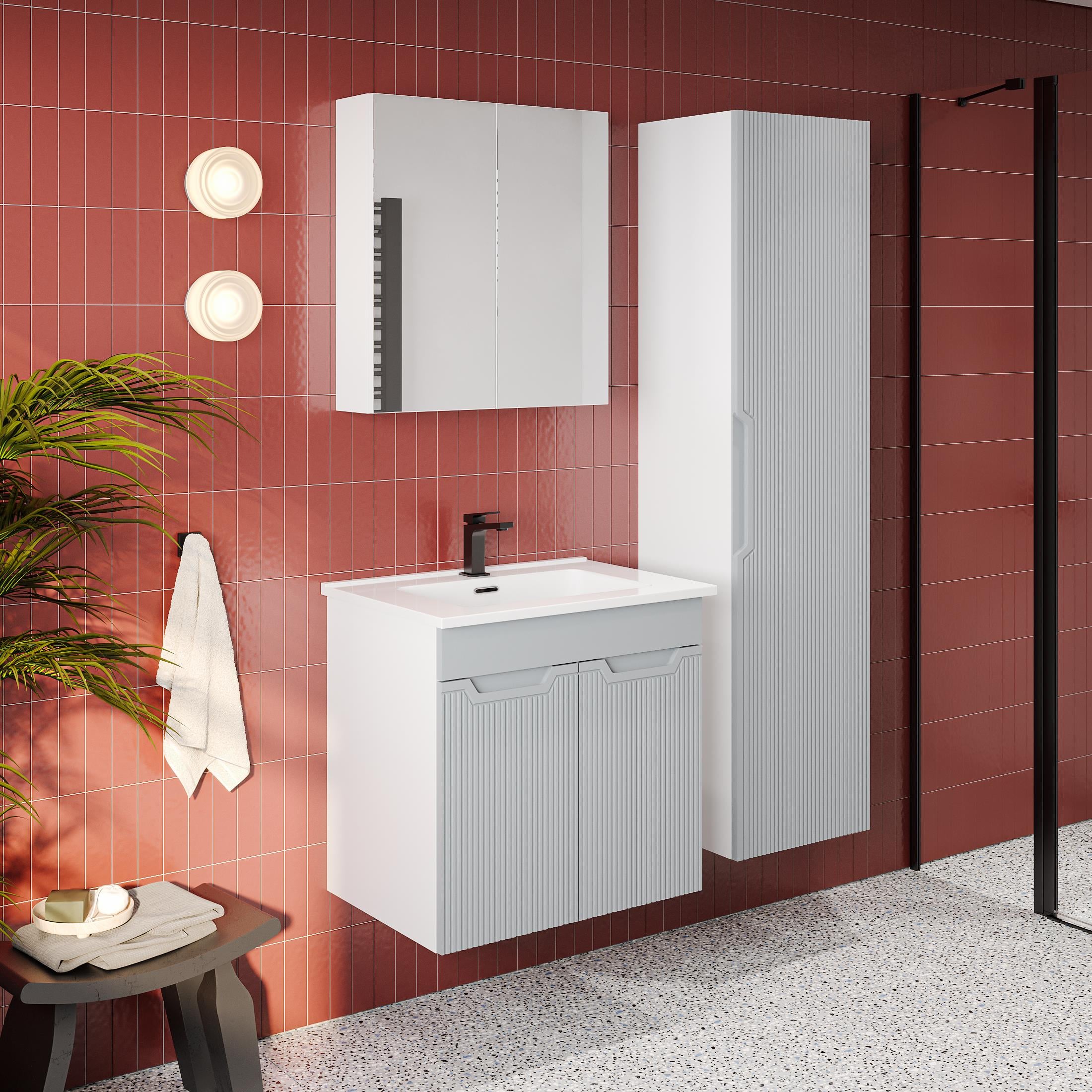 Banyo Dolabı, Ayna Ve Lavabo Seti, Boy Dolaplı 65 Cm, İnci Gri