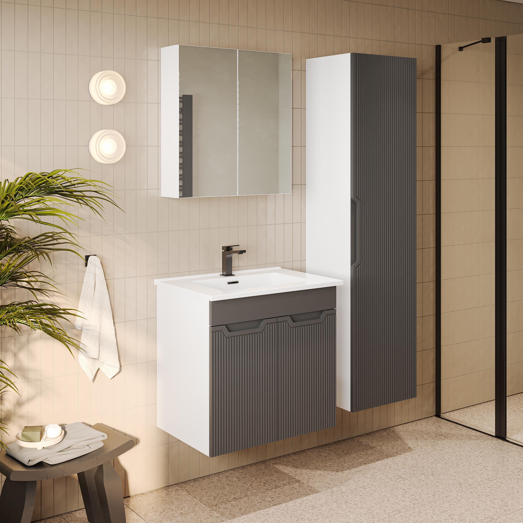 Banyo Dolabı, Ayna Ve Lavabo Seti, Boy Dolaplı 65 Cm, Antrasit Gri