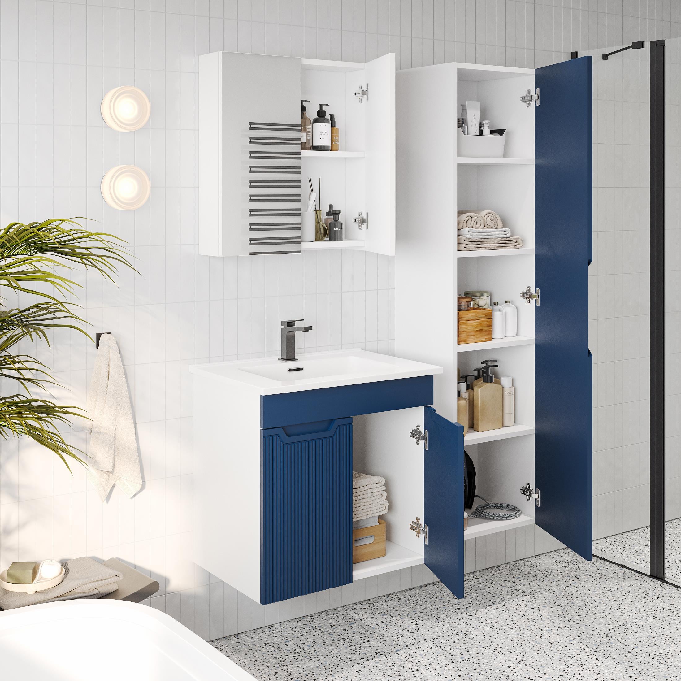 Banyo Dolabı, Ayna Ve Lavabo Seti, Boy Dolaplı 65 Cm, Belize Mavi