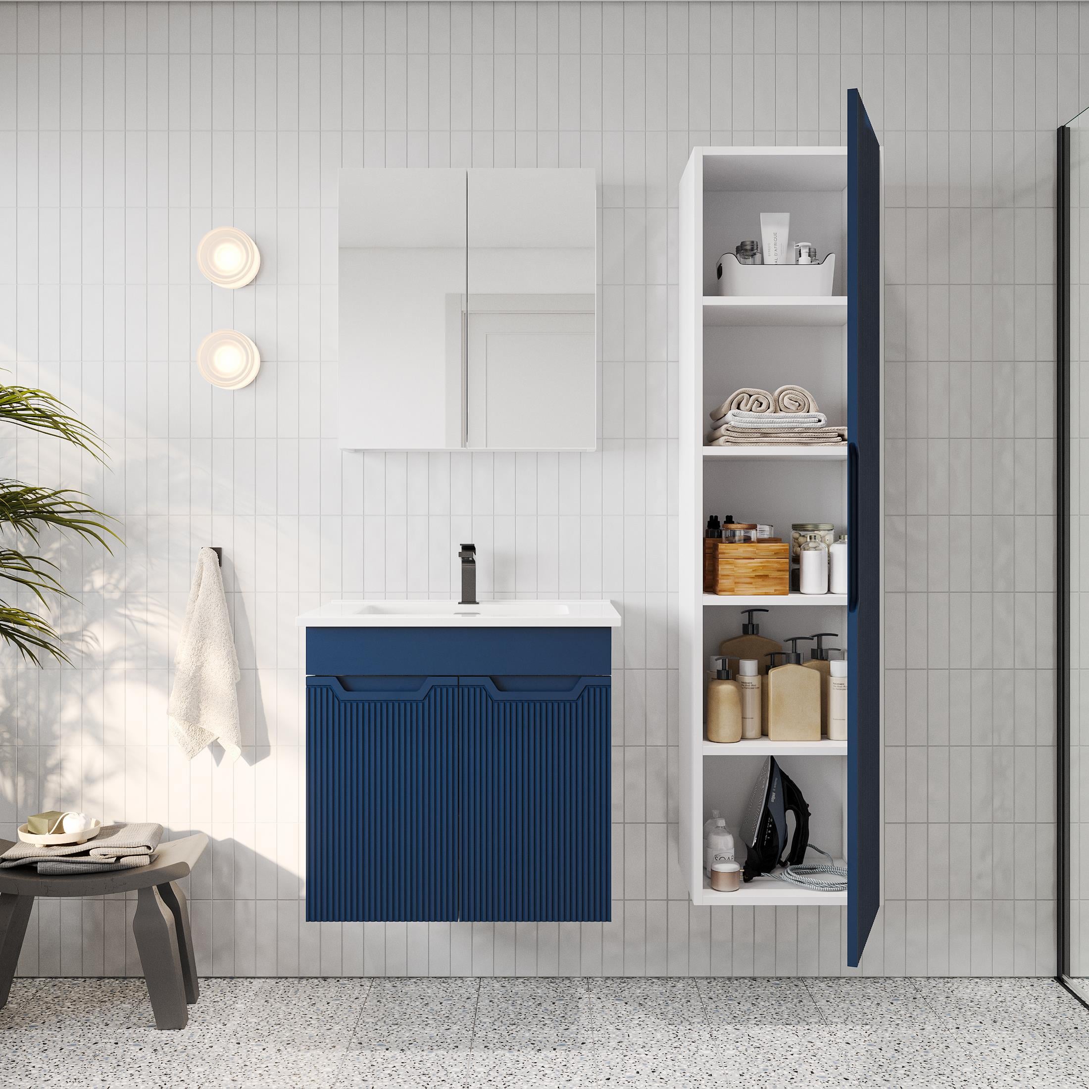 Banyo Dolabı, Ayna Ve Lavabo Seti, Boy Dolaplı 65 Cm, Belize Mavi
