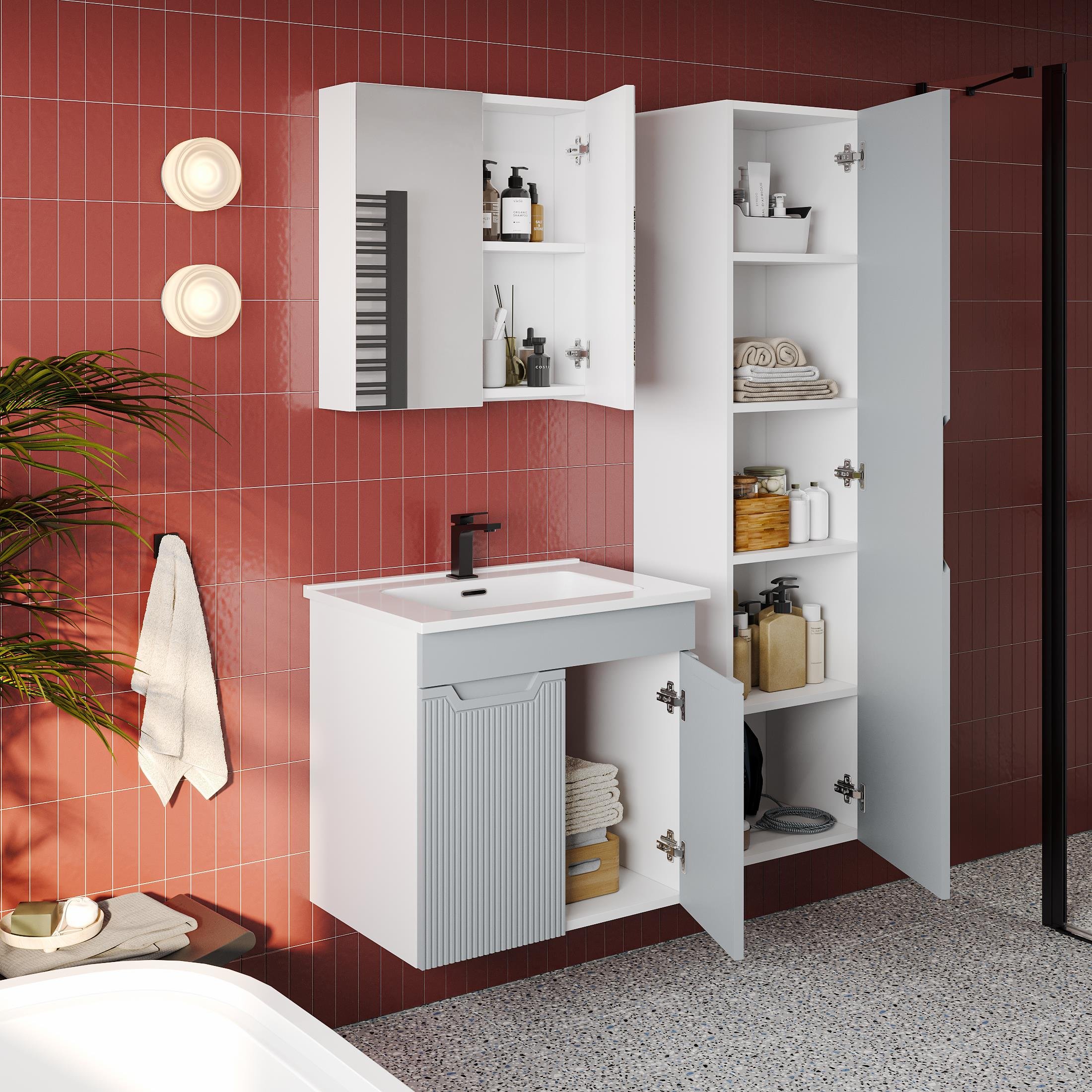 Banyo Dolabı, Ayna Ve Lavabo Seti, Boy Dolaplı 65 Cm, İnci Gri