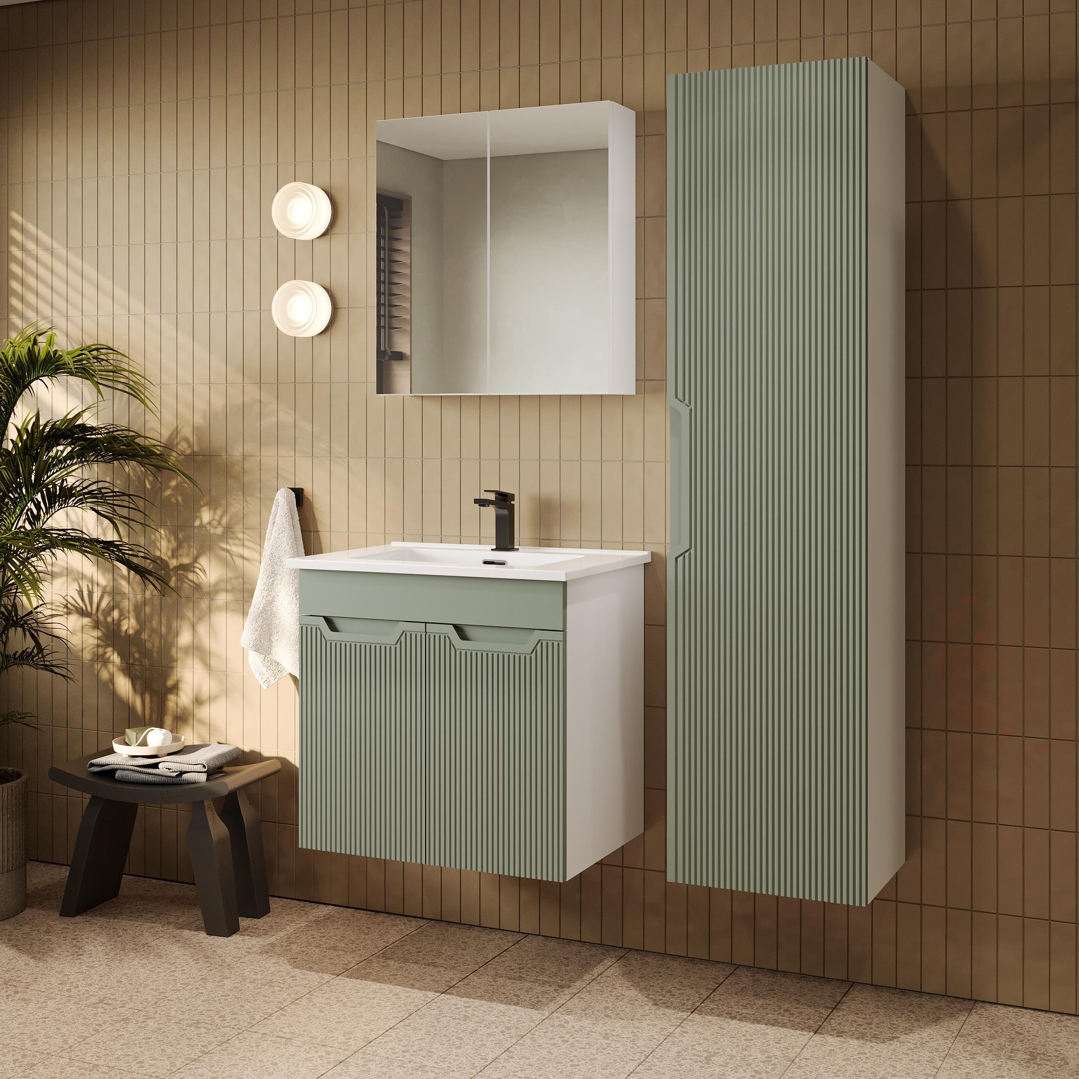 Banyo Dolabı, Ayna Ve Lavabo Seti, Boy Dolaplı 65 Cm, Soft Su Yeşili