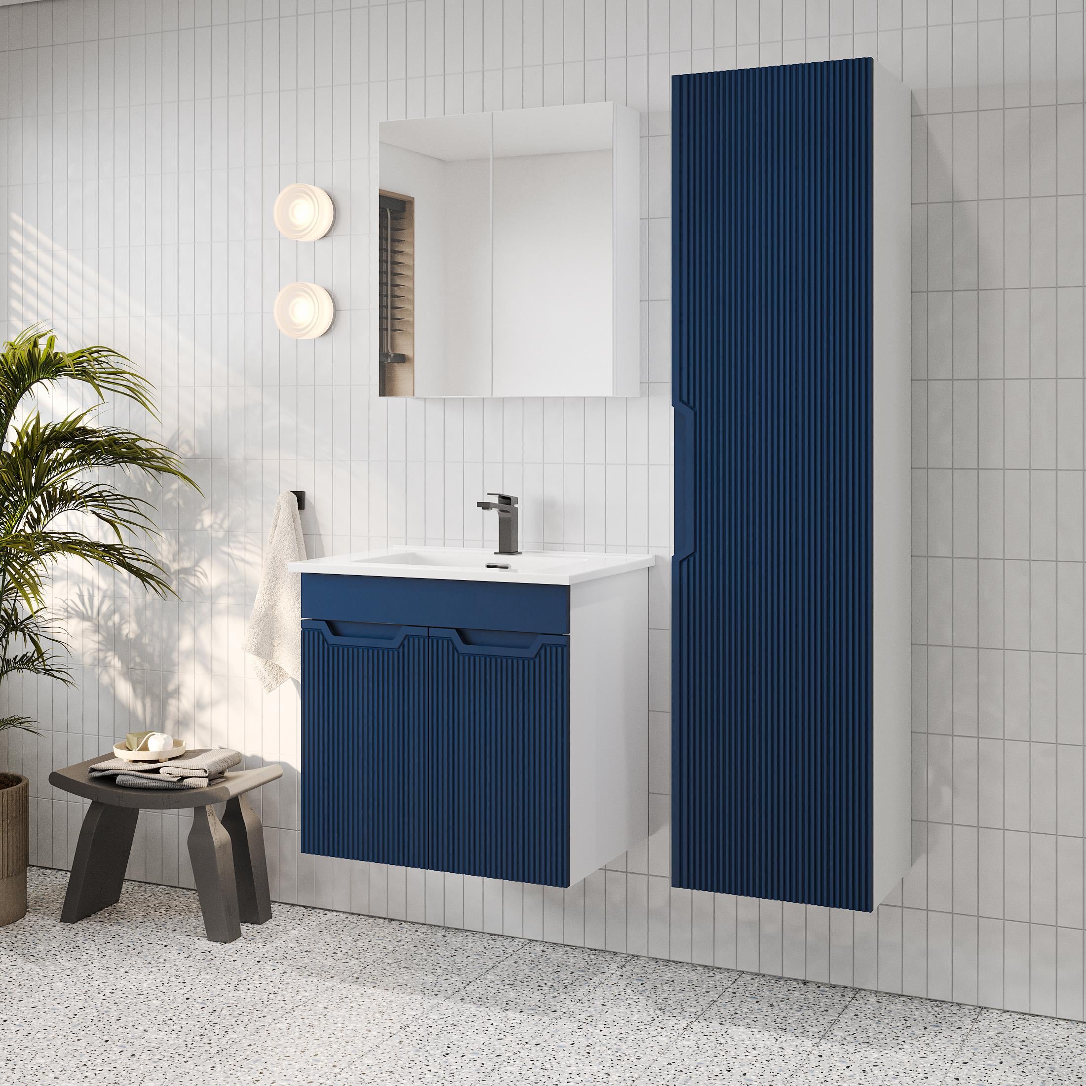 Banyo Dolabı, Ayna Ve Lavabo Seti, Boy Dolaplı 65 Cm, Belize Mavi
