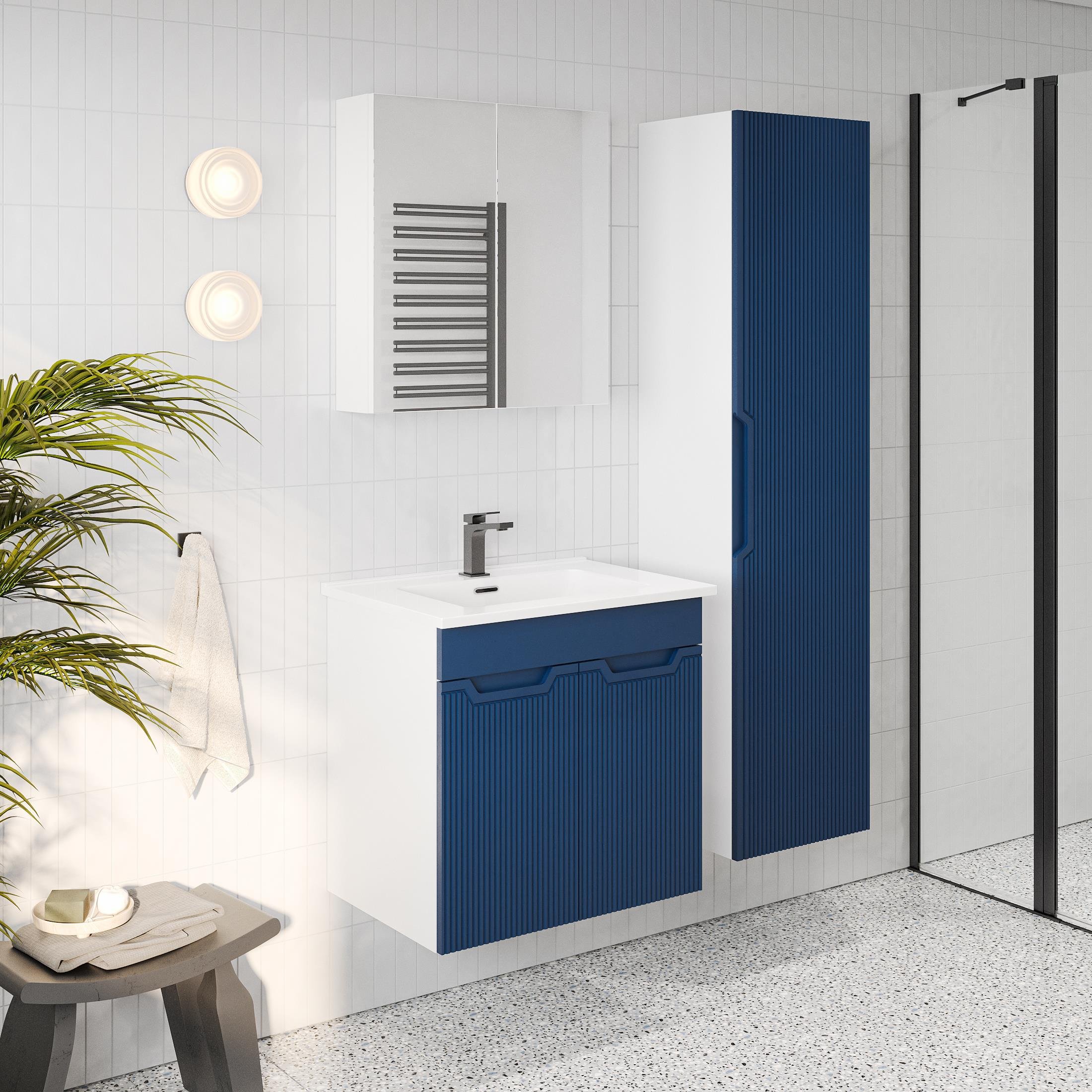Banyo Dolabı, Ayna Ve Lavabo Seti, Boy Dolaplı 65 Cm, Belize Mavi