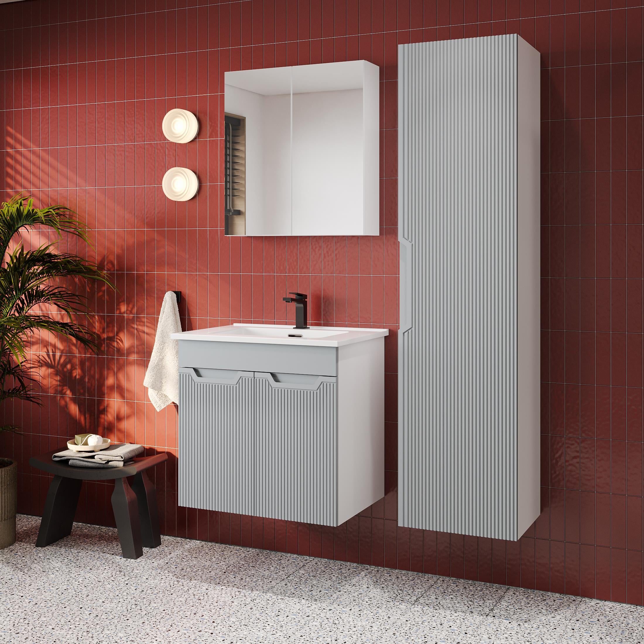 Banyo Dolabı, Ayna Ve Lavabo Seti, Boy Dolaplı 65 Cm, İnci Gri