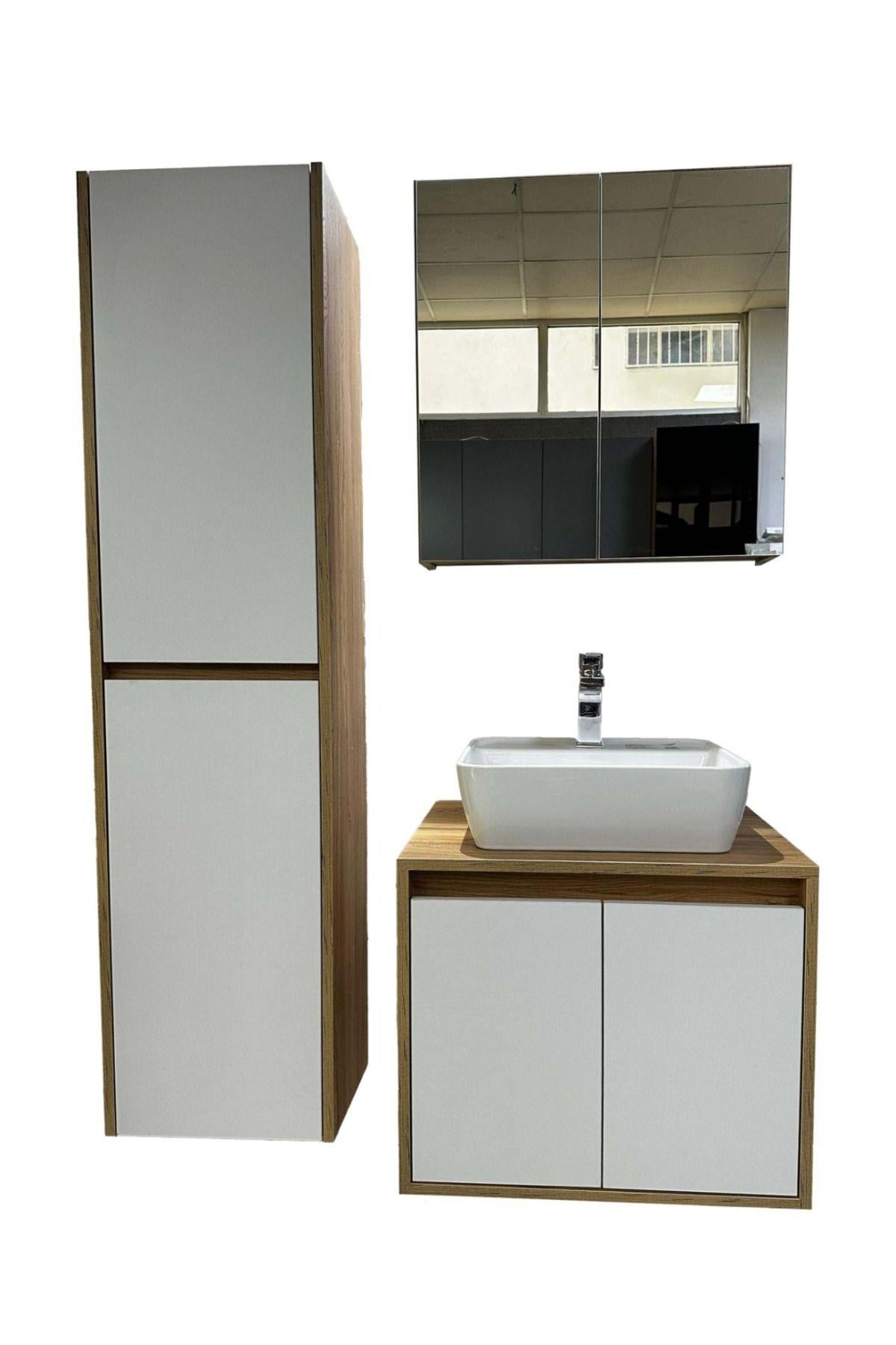 Banyo Dolabı Mdf 65 cm Boy Dolaplı Çanak Lavabolu kulpsuz