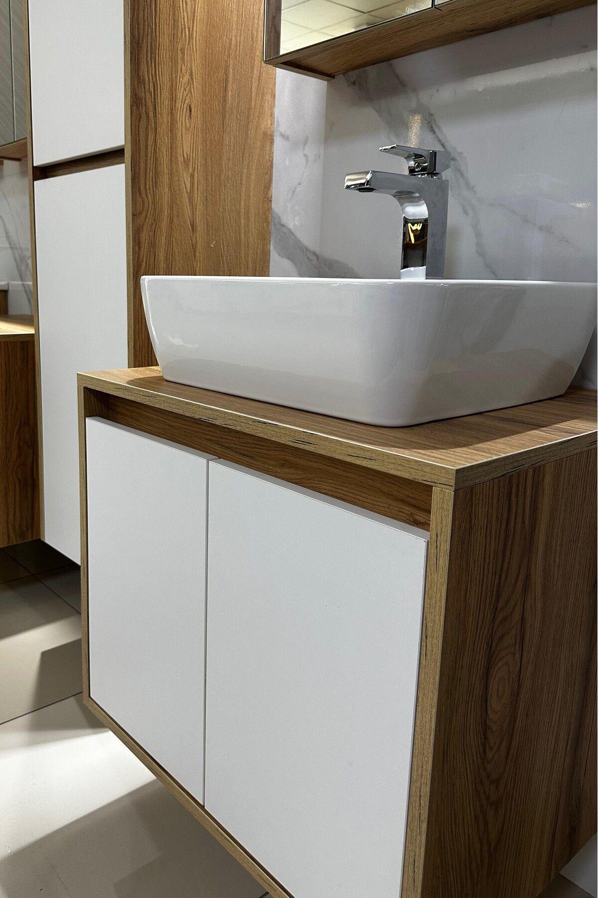 Banyo Dolabı Mdf 65 cm Boy Dolaplı Çanak Lavabolu kulpsuz