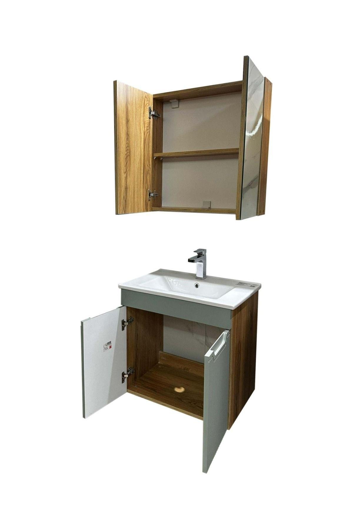 Banyo Dolabı Mdf 65 cm Memran kapaklı Etajerli Lavabolu kulpsuz