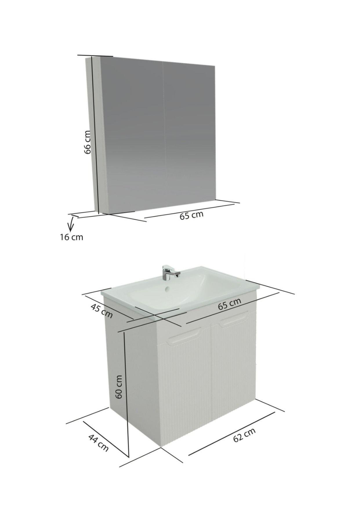 Banyo Dolabı Mdf 65 cm Memran kapaklı Etajerli Lavabolu kulpsuz