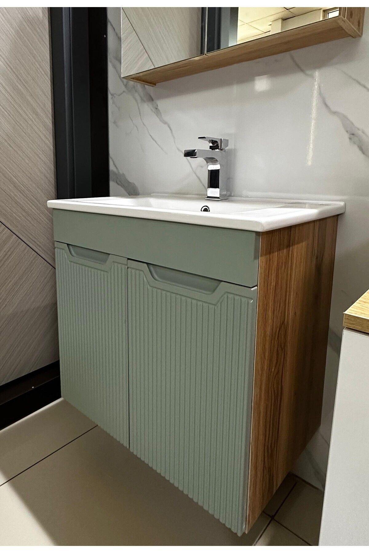 Banyo Dolabı Mdf 65 cm Memran kapaklı Etajerli Lavabolu kulpsuz