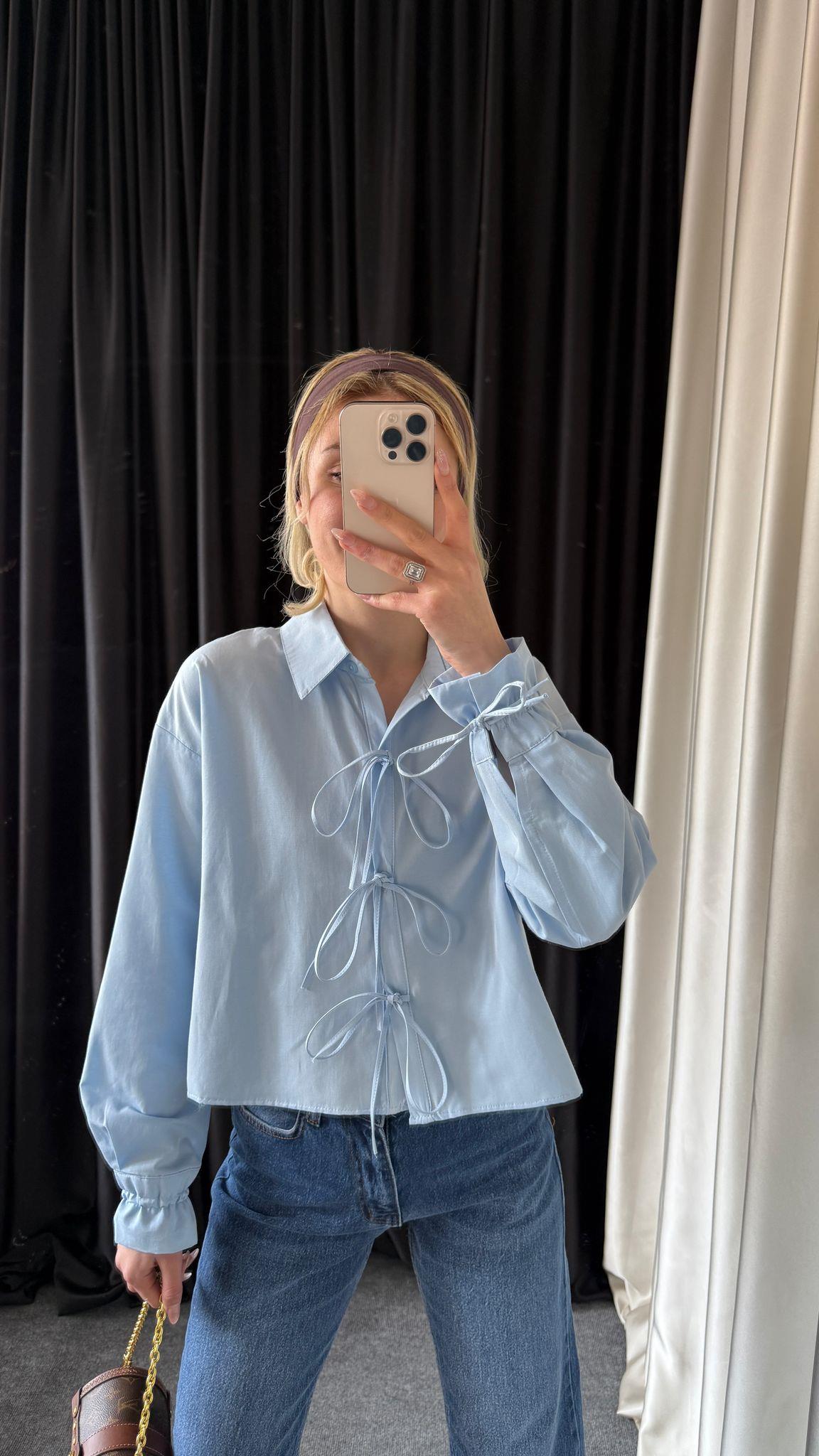 CROP BAĞCIKLI MAVİ GÖMLEK