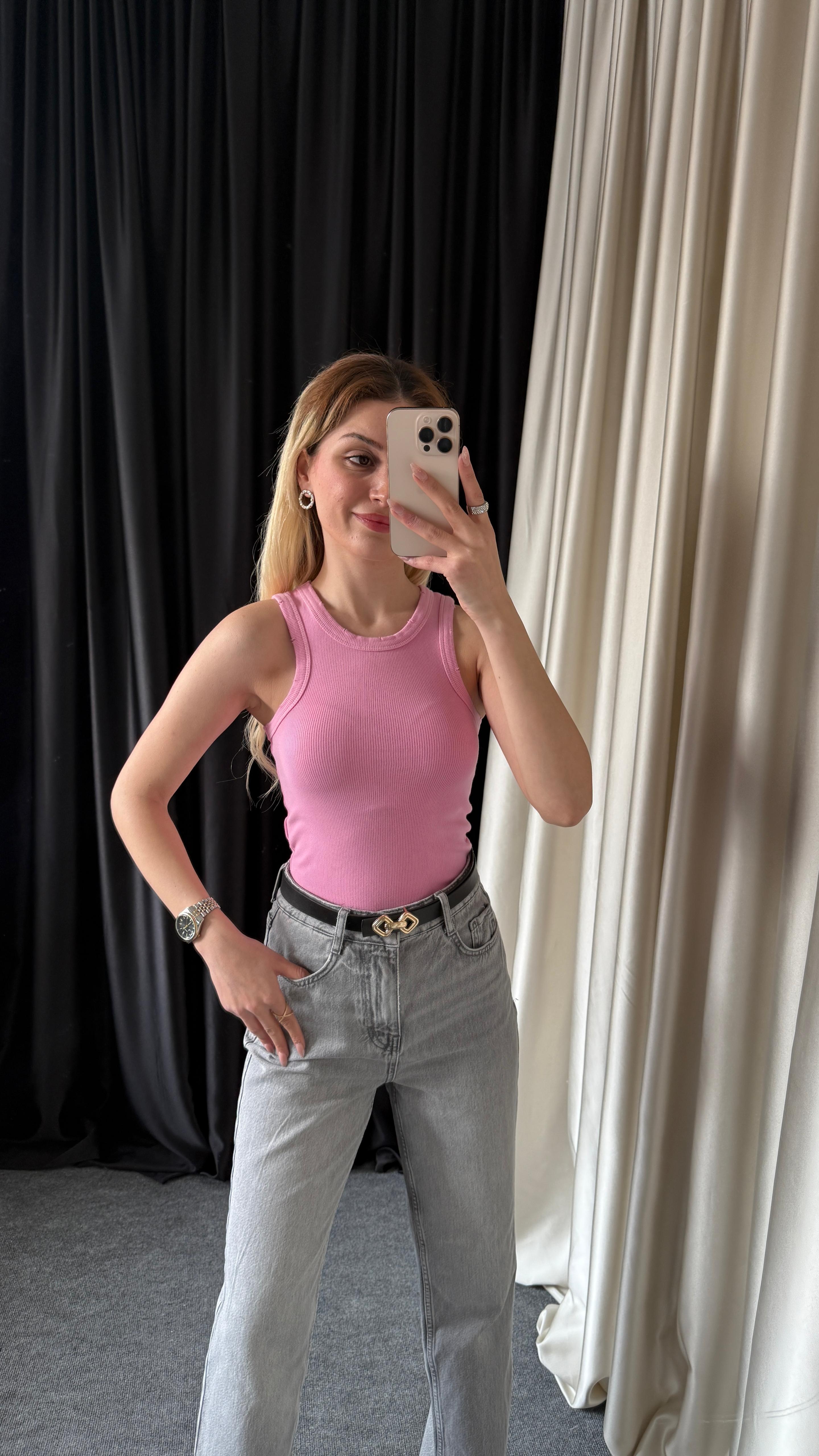 ESKİTME EFEKTLİ PEMBE ATLET