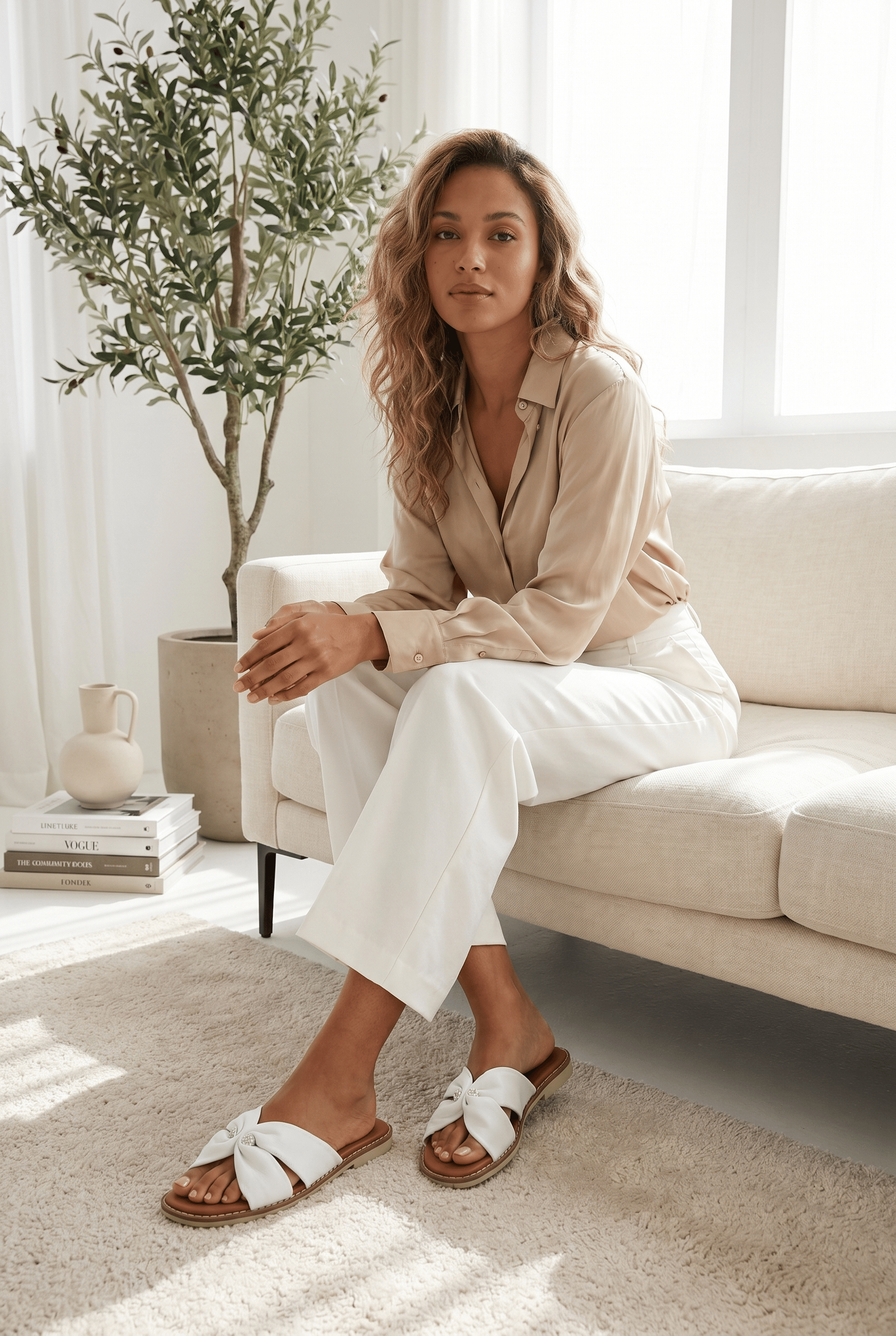 Christina Hakiki Deri Kadın Terlik Beyaz