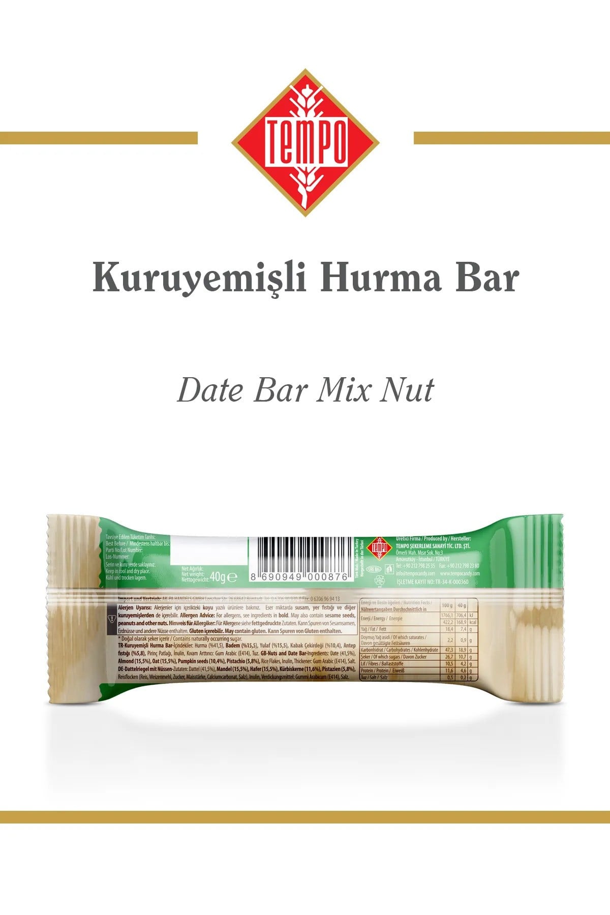 Kuruyemişli Hurmalı Bar 40 g x 12 Adet