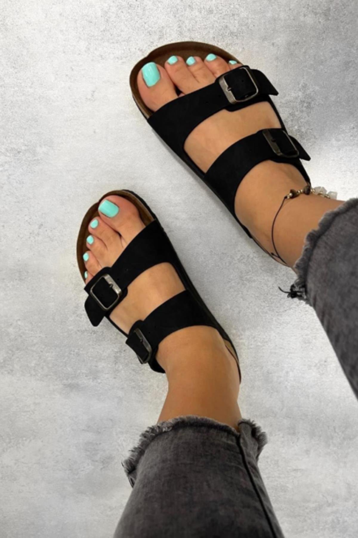 Angel Unisex Ortopedik Tabanlı Terlik Çift Bantlı Tokalı Günlük Rahat Ev & Dışarı Terliği