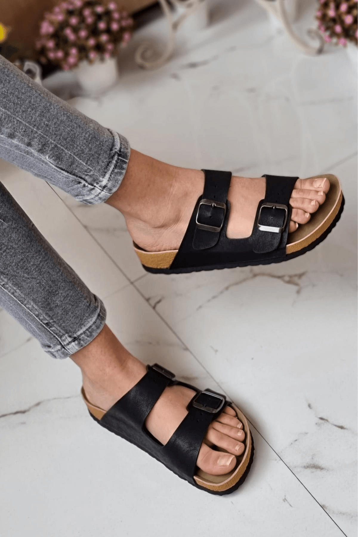 Angel Unisex Ortopedik Tabanlı Terlik Çift Bantlı Tokalı Günlük Rahat Ev & Dışarı Terliği