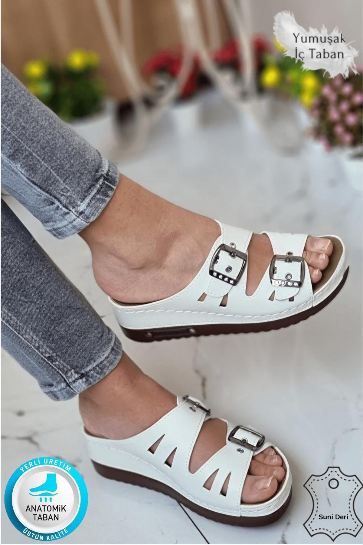 Darma Kadın Günlük Terlik Çift Bant Taşlı Tokalı Ortopedik Taban Anne Dışarı & Ev Içi Terliği
