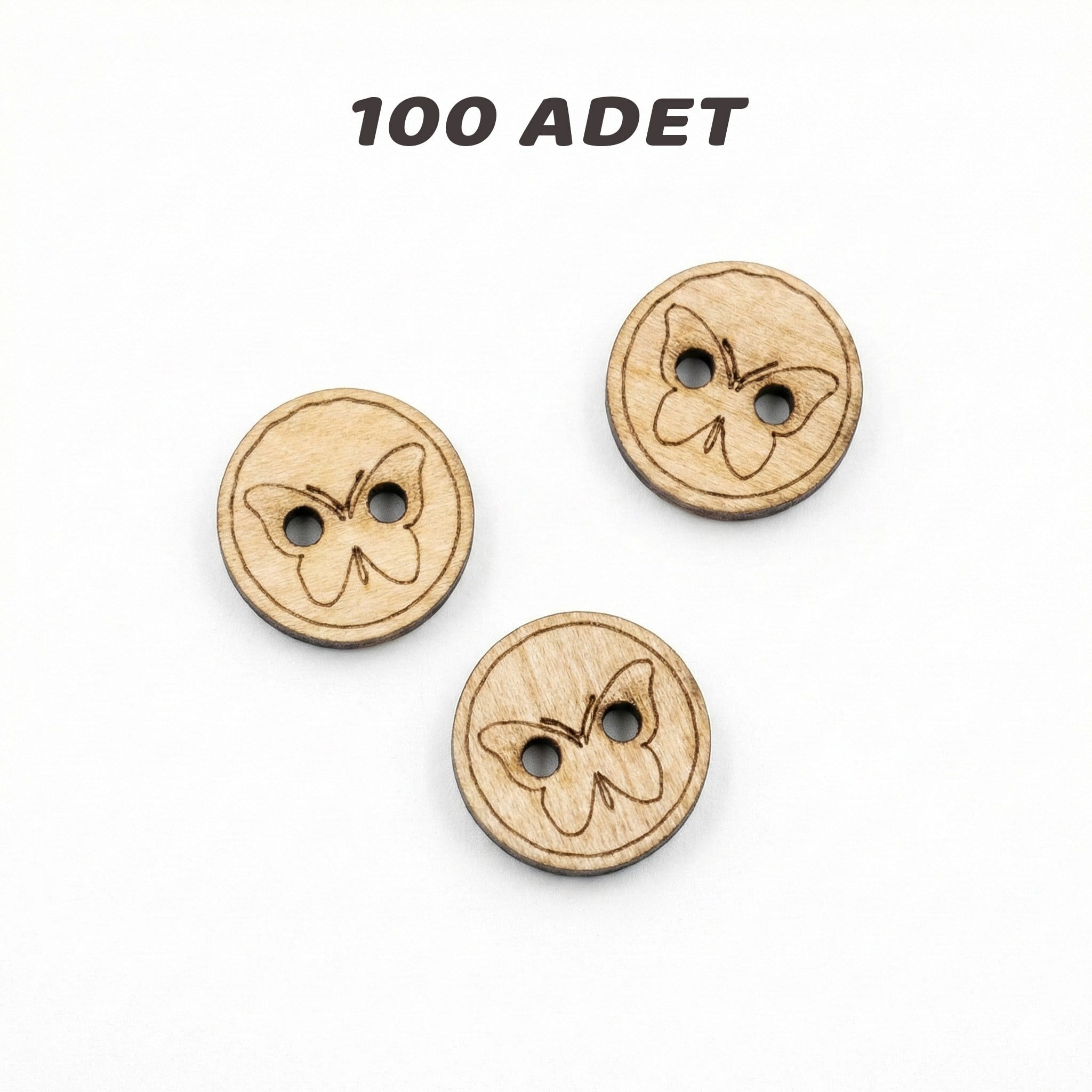 100 Adet 3 mm MDF Kelebek Desenli Düğme – 1,5 cm Çap | 2 mm Delikli Hobi Düğmesi