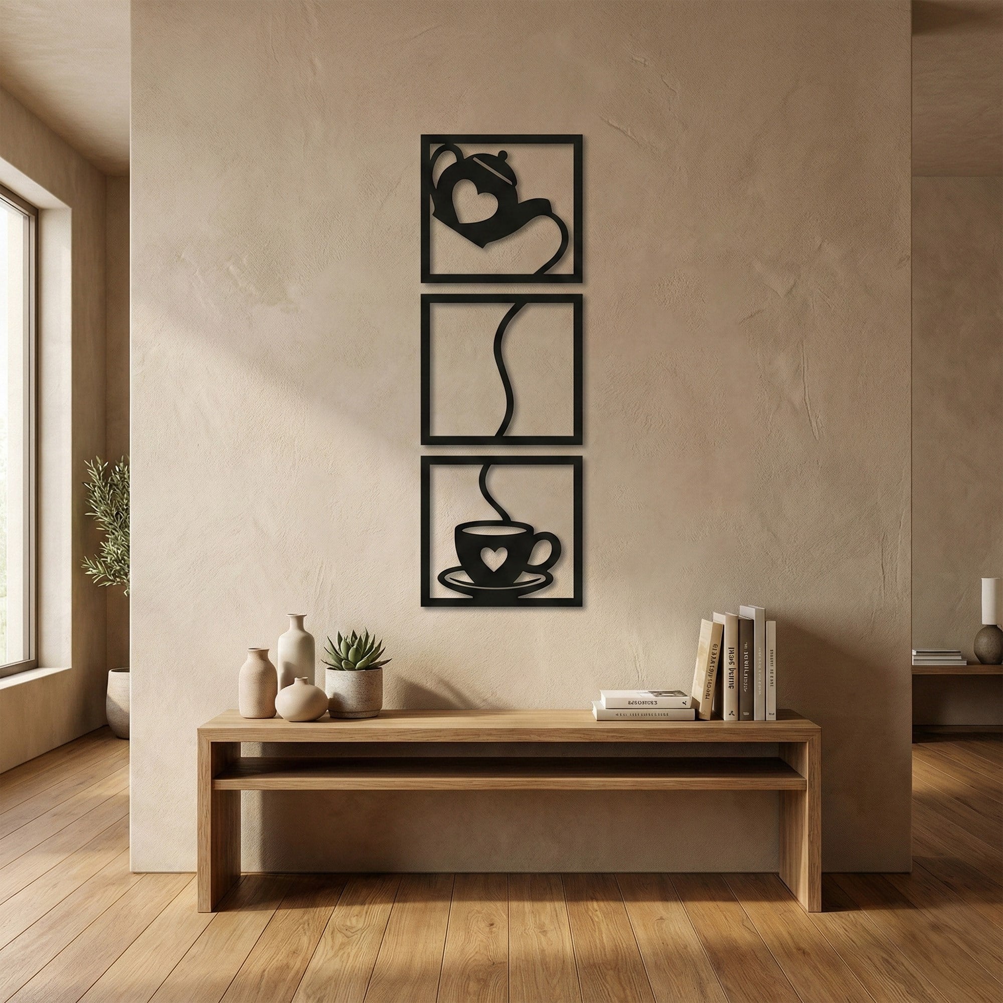3 Parçalı Kalpli Kahve Temalı Modern Duvar Dekoru Seti
