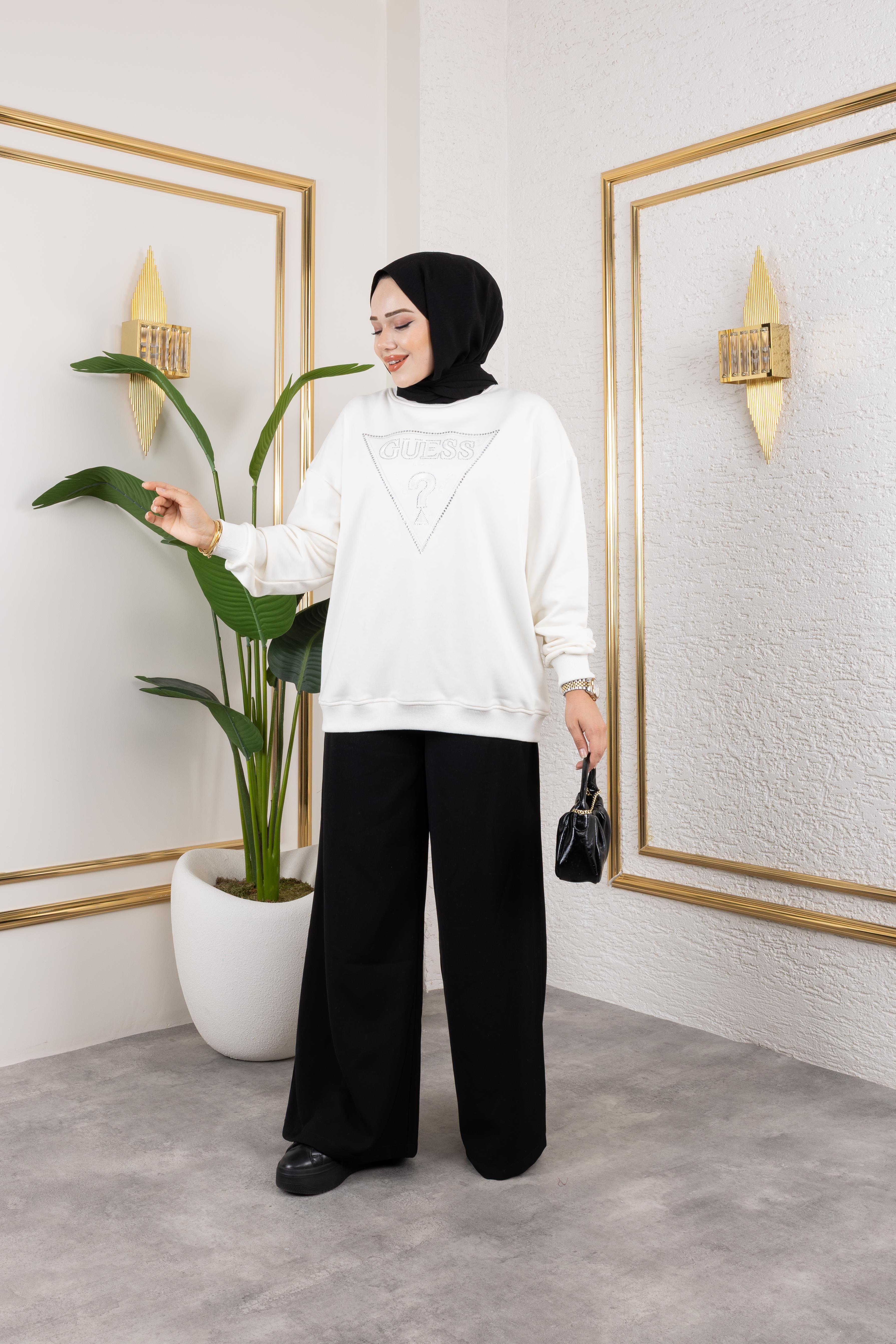 G*ess Nakışlı Taşlı Sweat | Beyaz