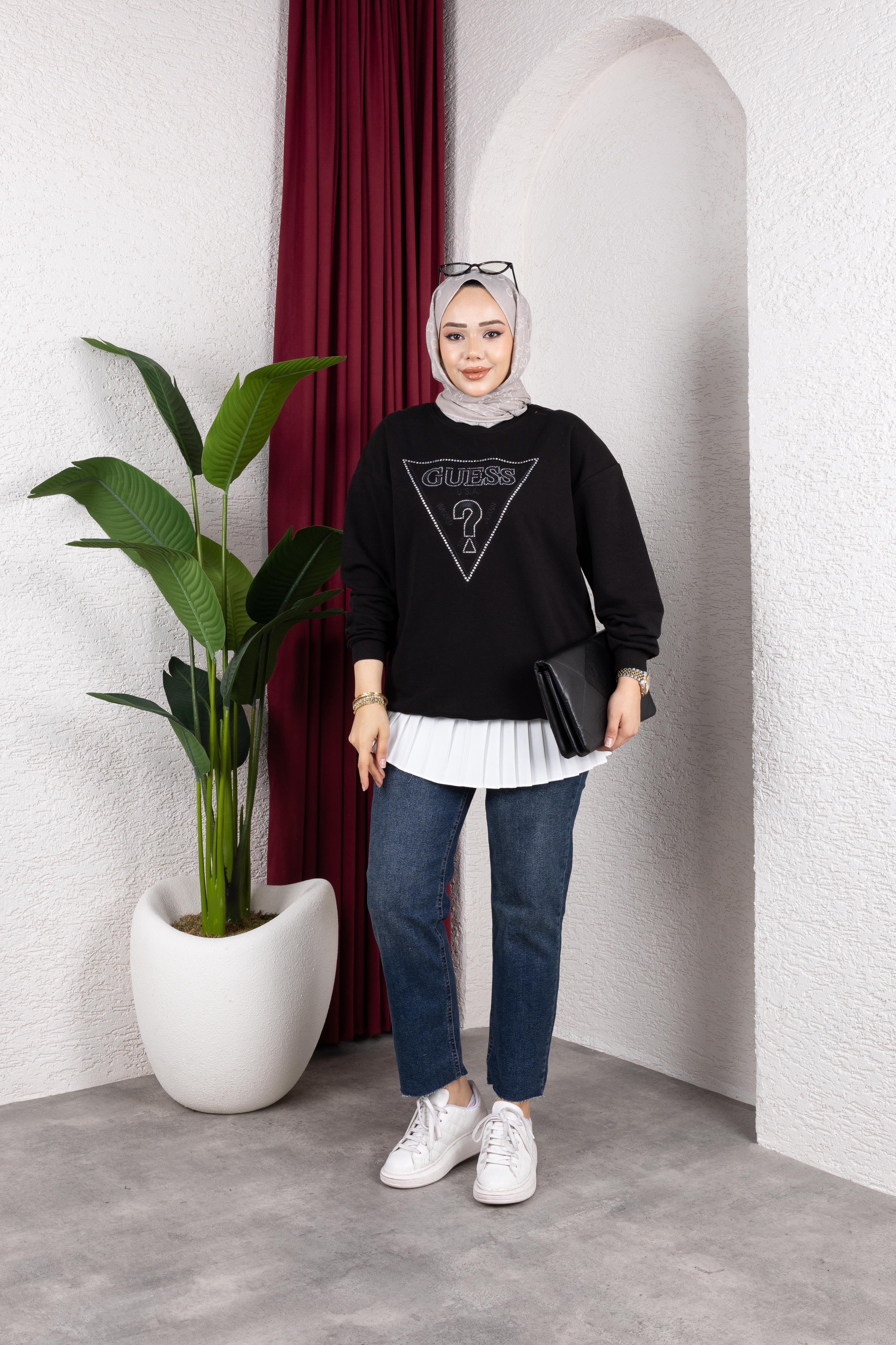 G*ess Nakışlı Taşlı Sweat | Siyah