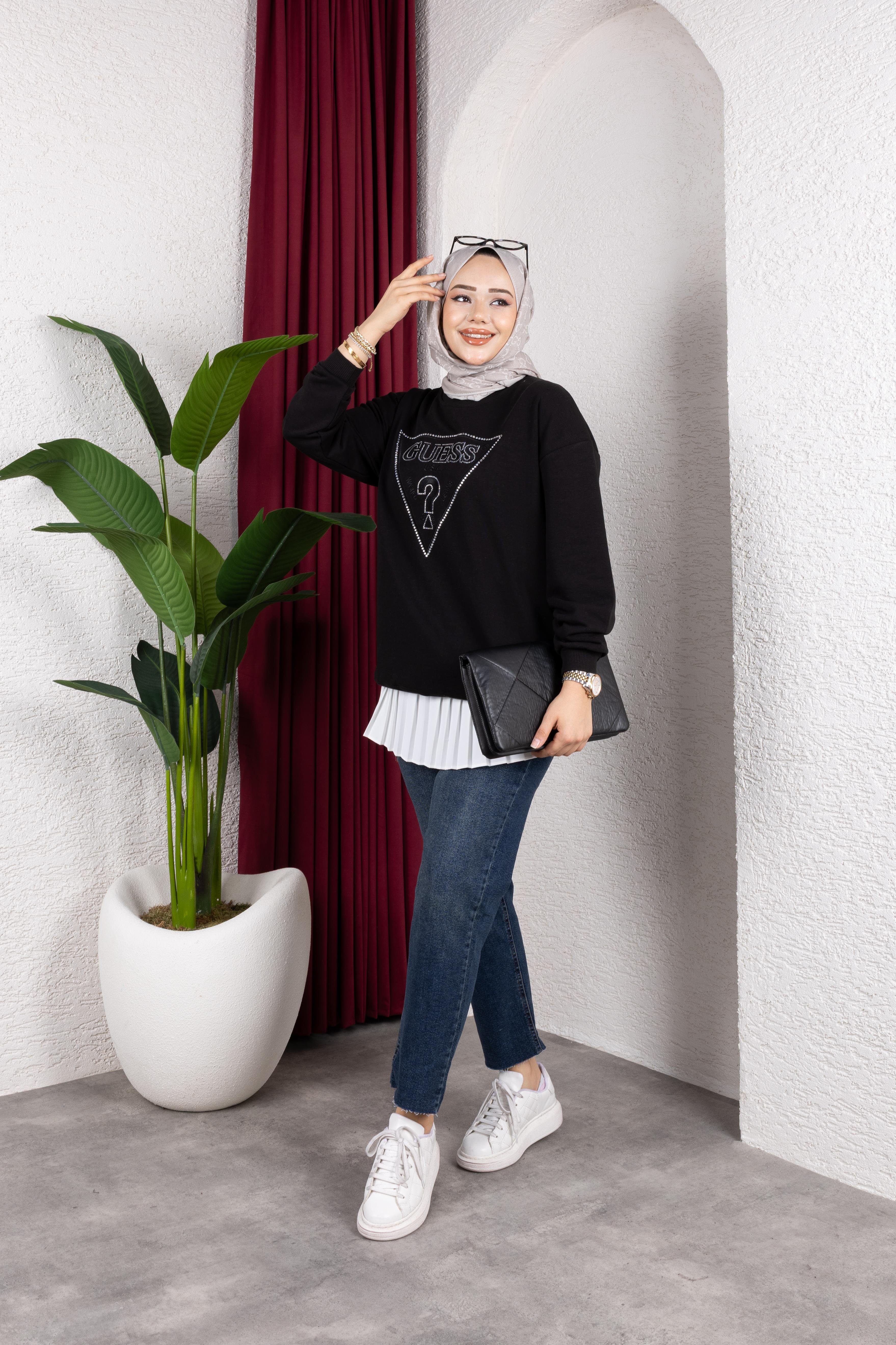 G*ess Nakışlı Taşlı Sweat | Siyah