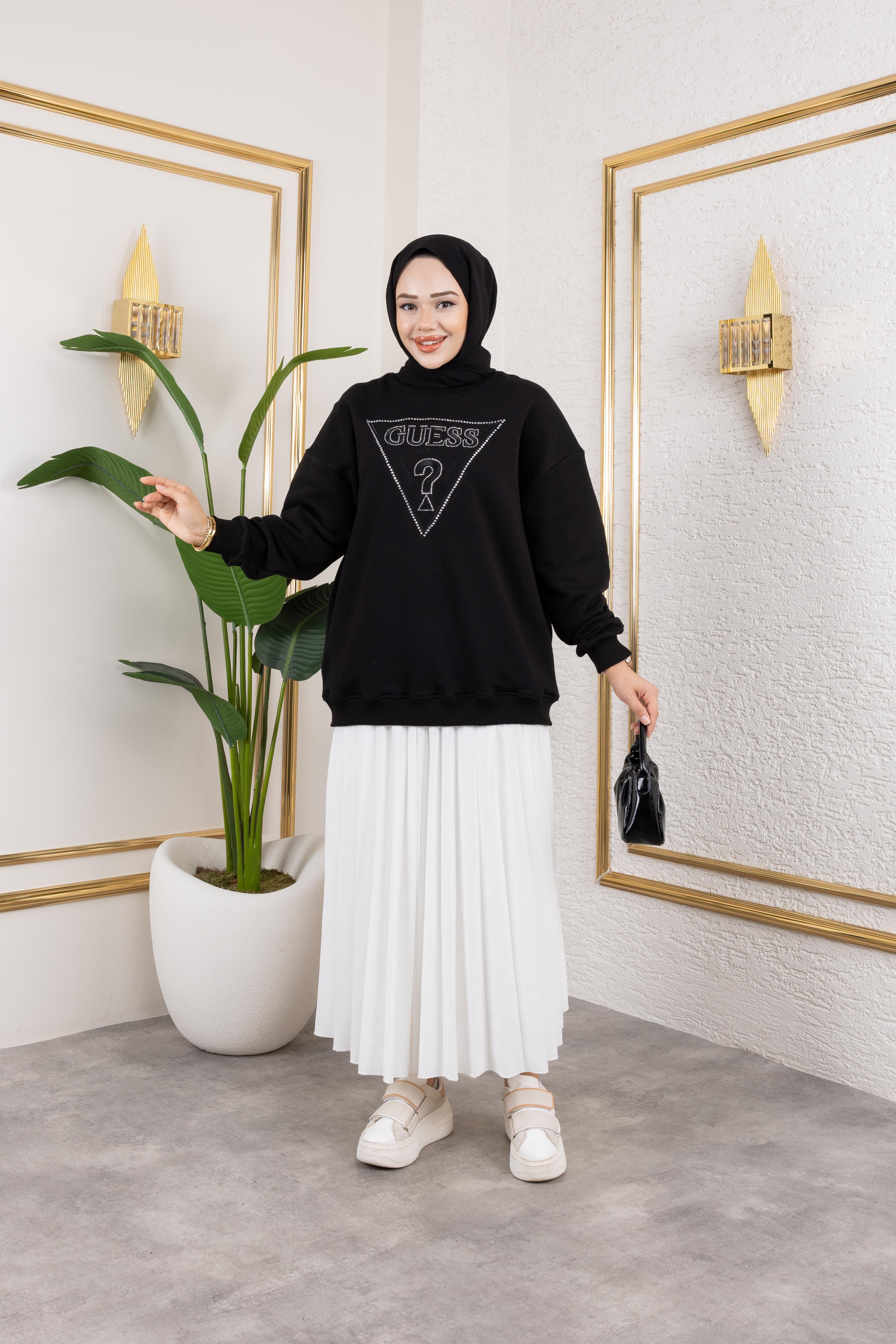 G*ess Nakışlı Taşlı Sweat | Siyah