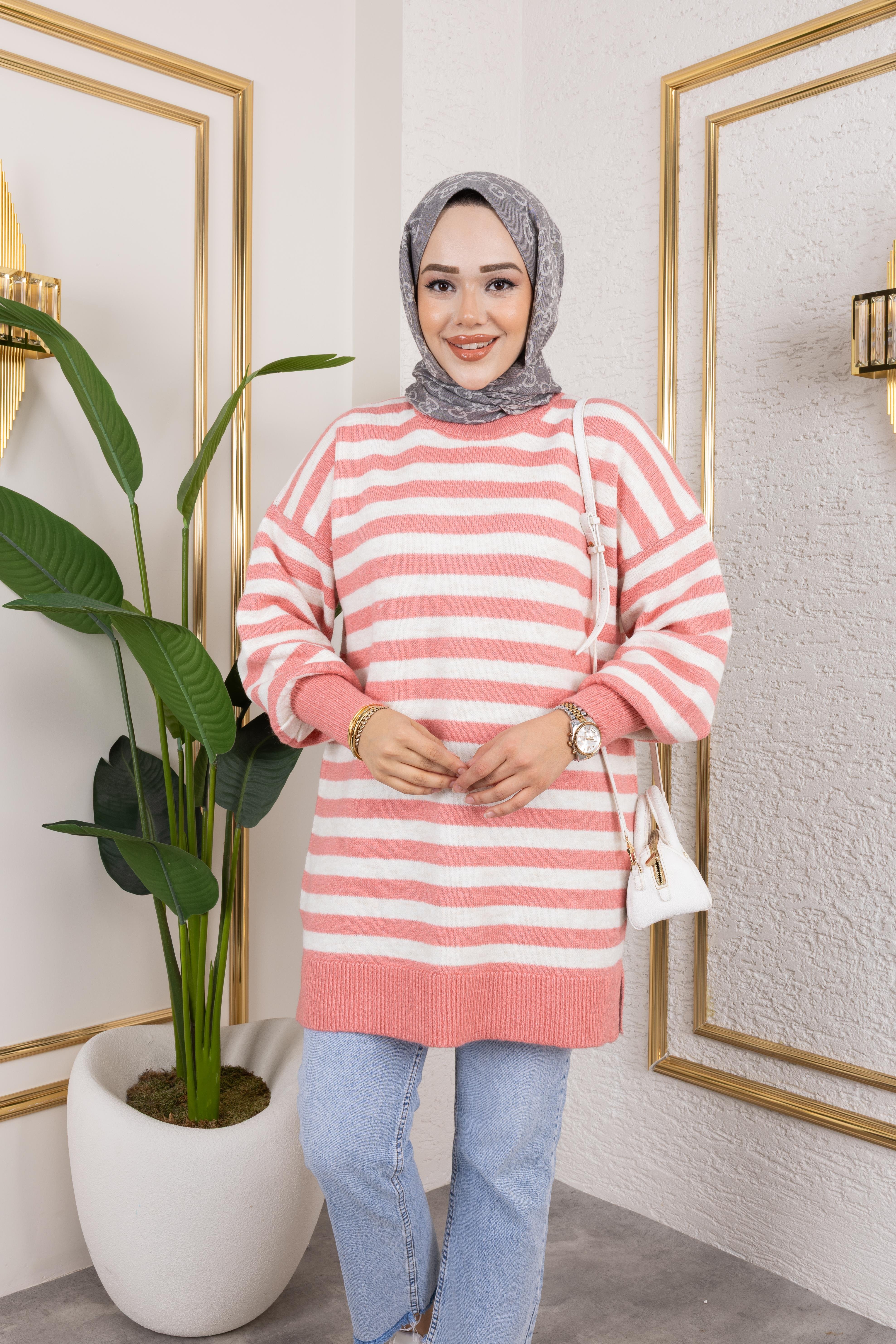 Kalın Çizgili Triko Pembe