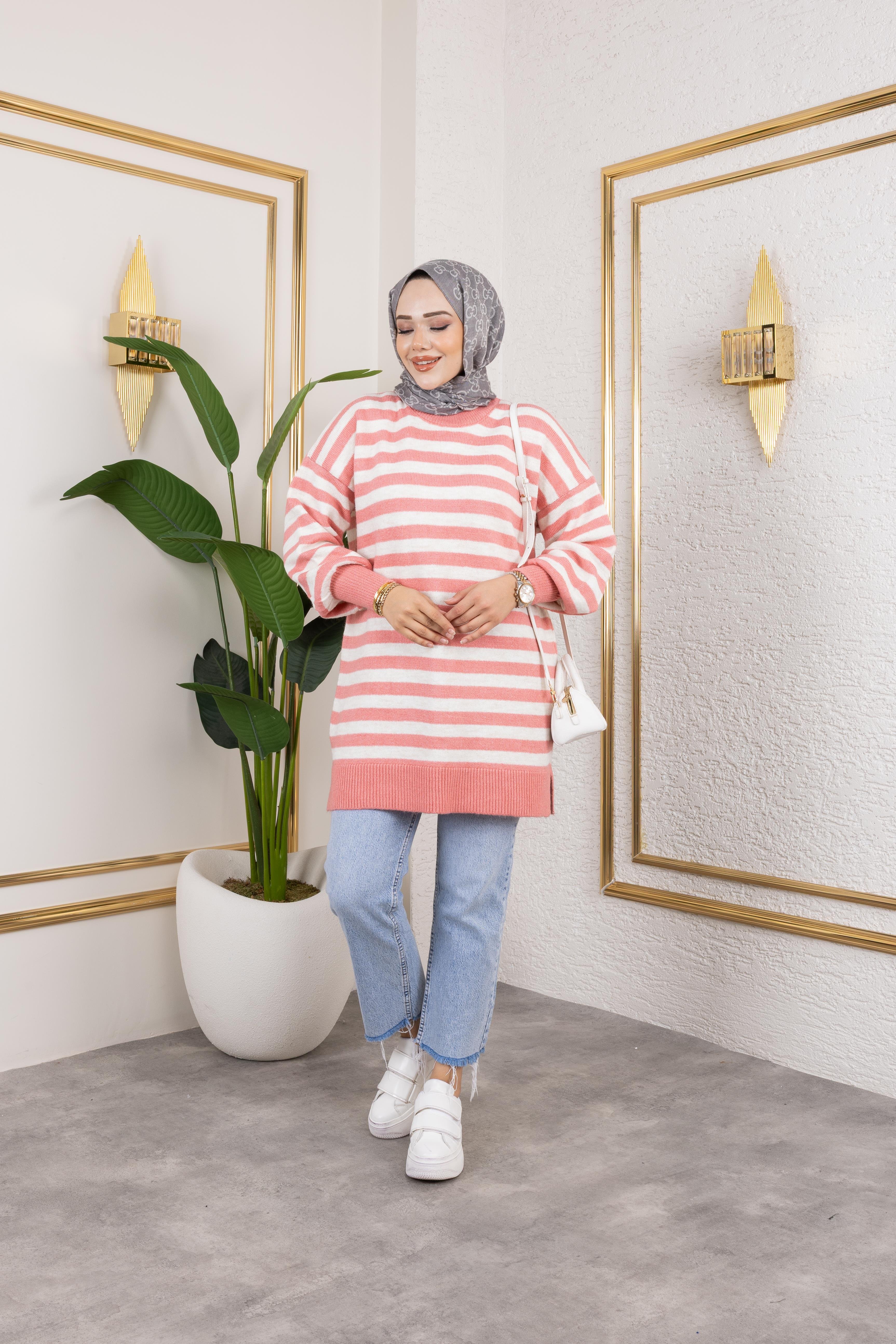 Kalın Çizgili Triko Pembe