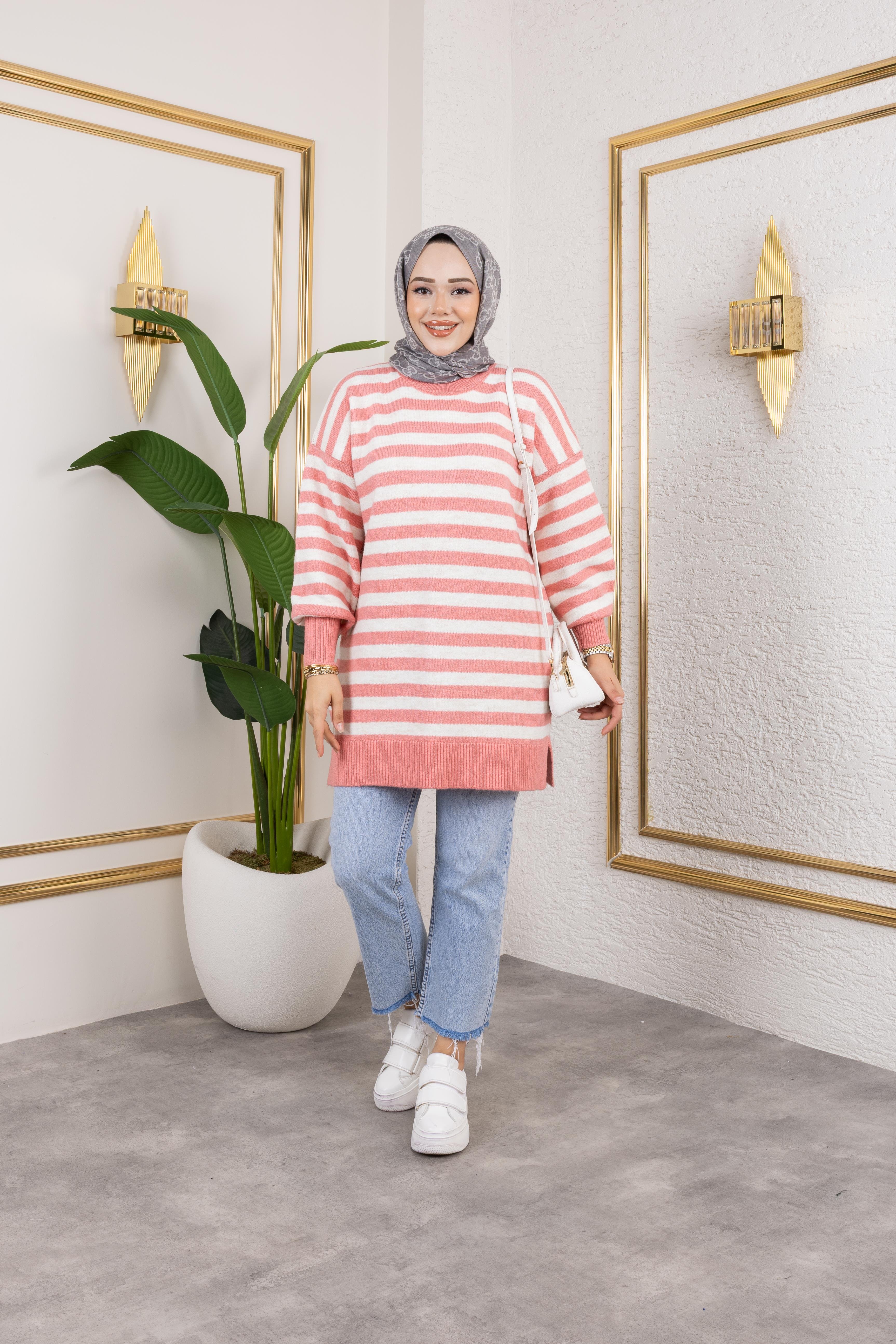Kalın Çizgili Triko Pembe