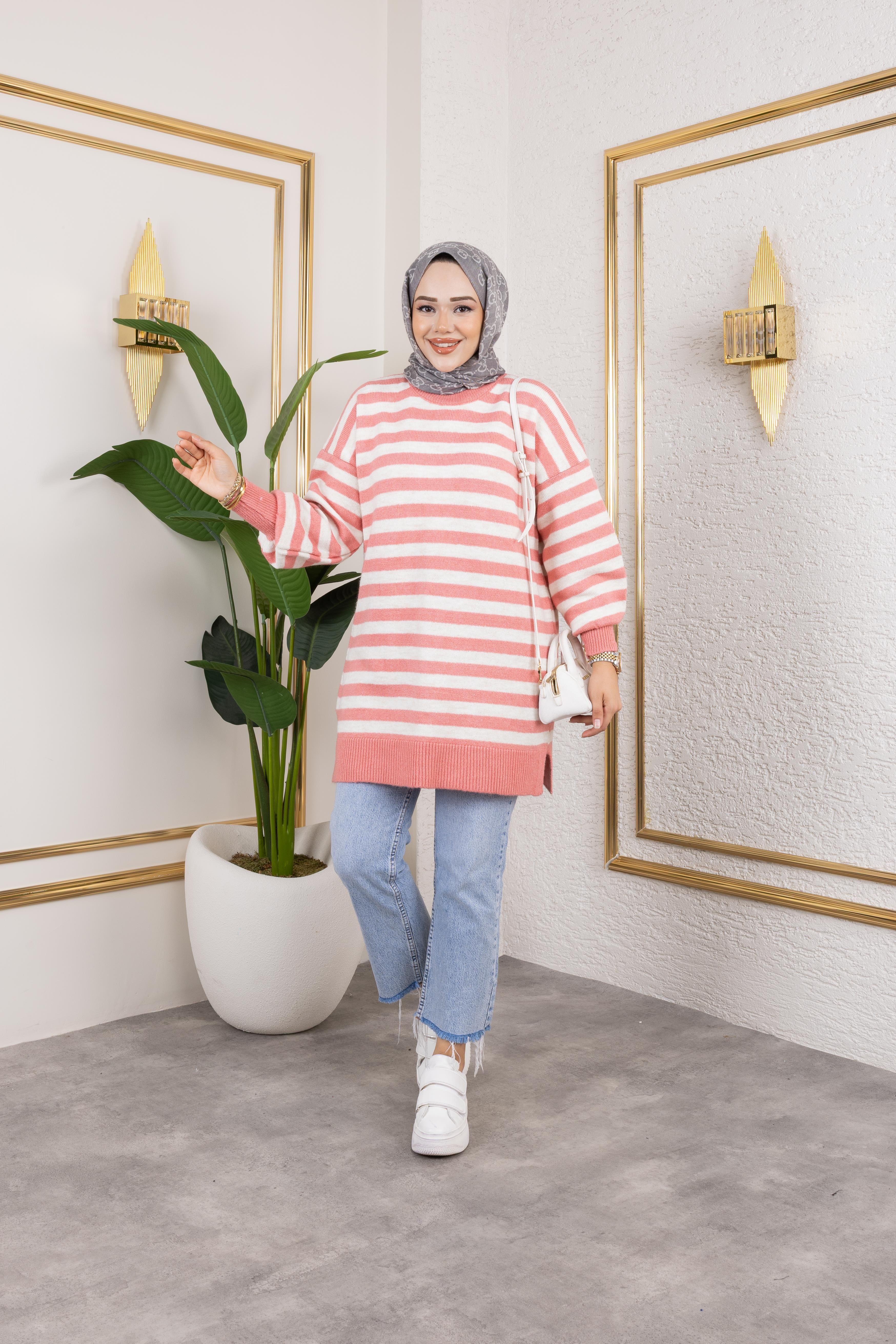 Kalın Çizgili Triko Pembe