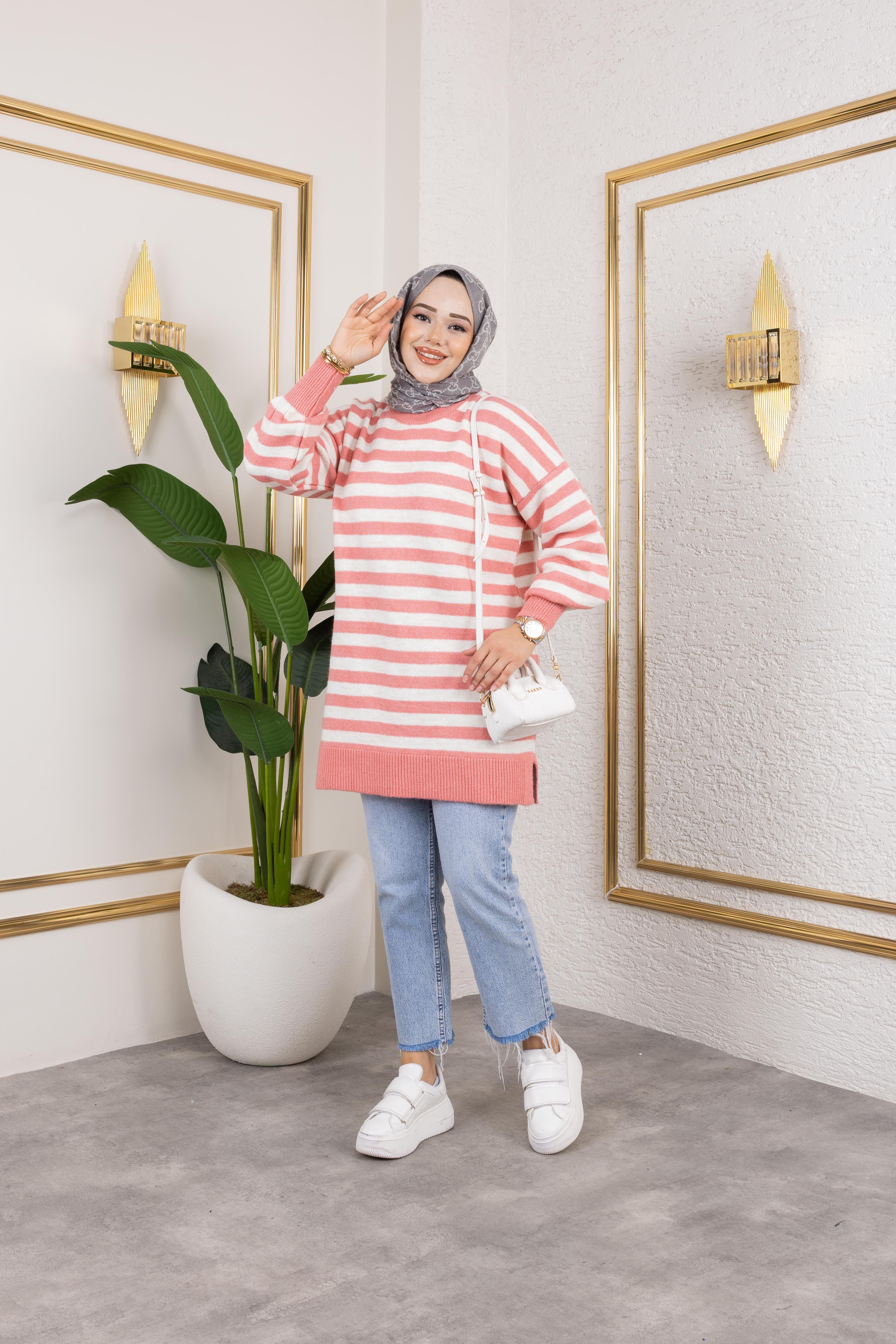 Kalın Çizgili Triko Pembe