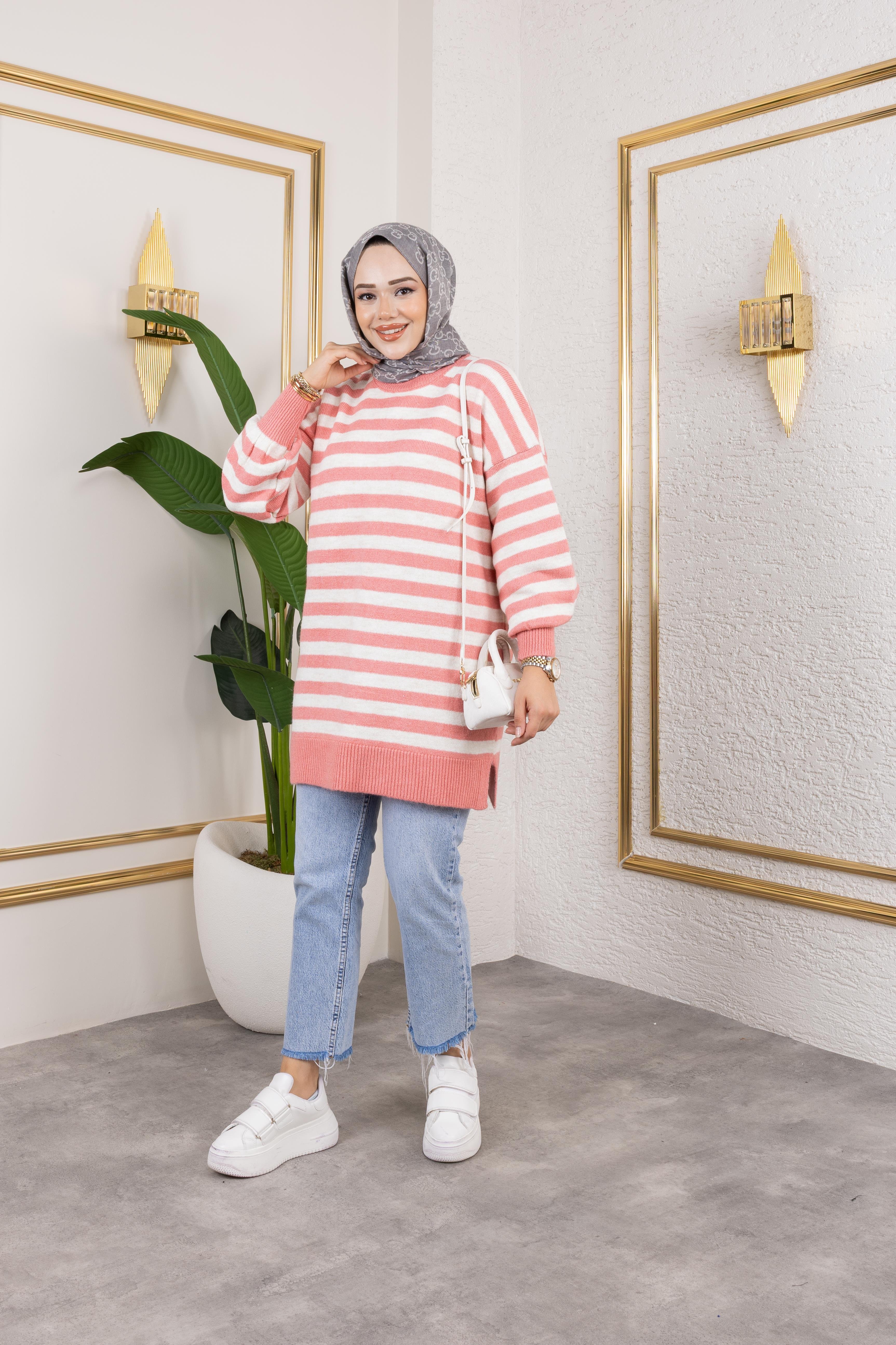 Kalın Çizgili Triko Pembe