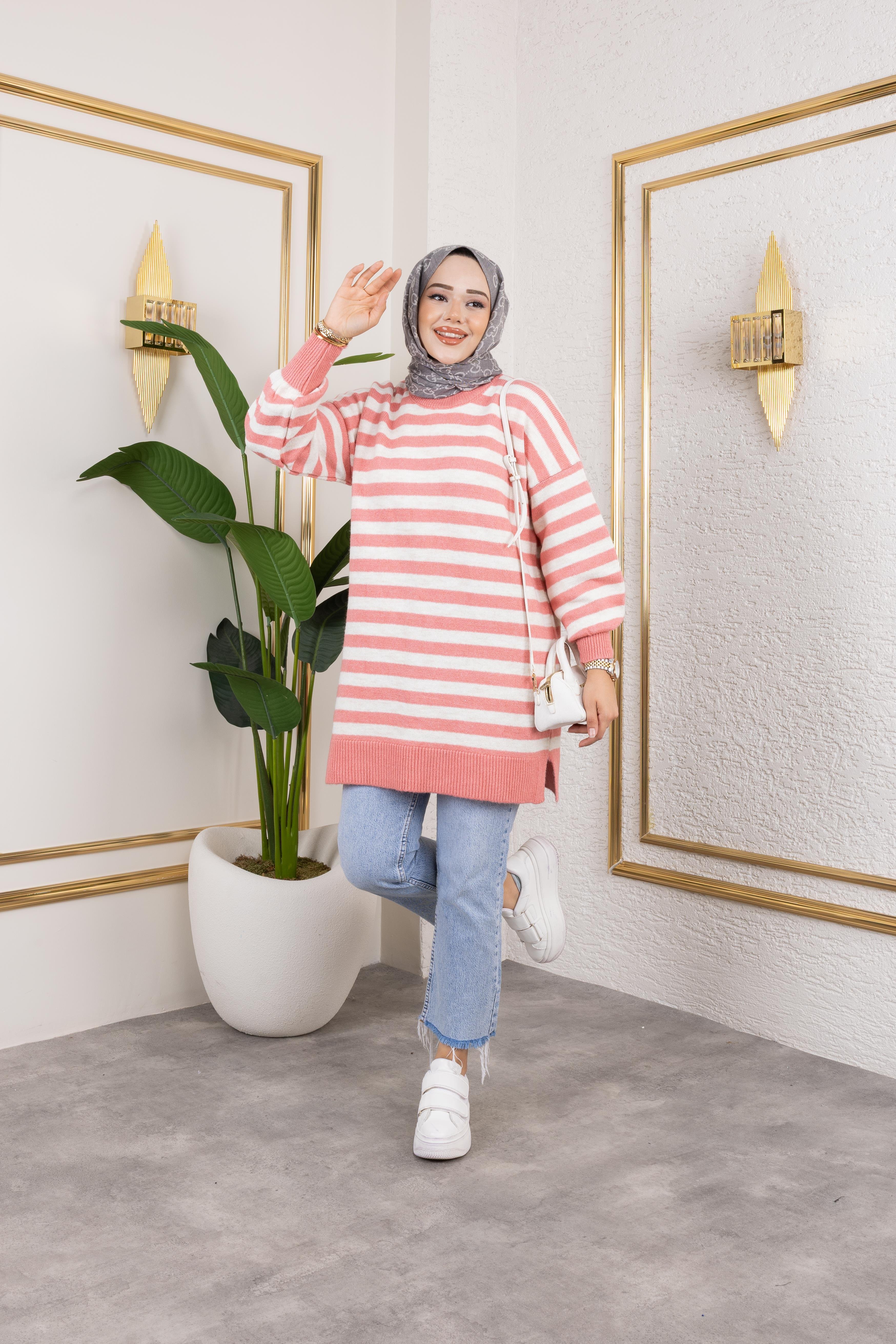 Kalın Çizgili Triko Pembe