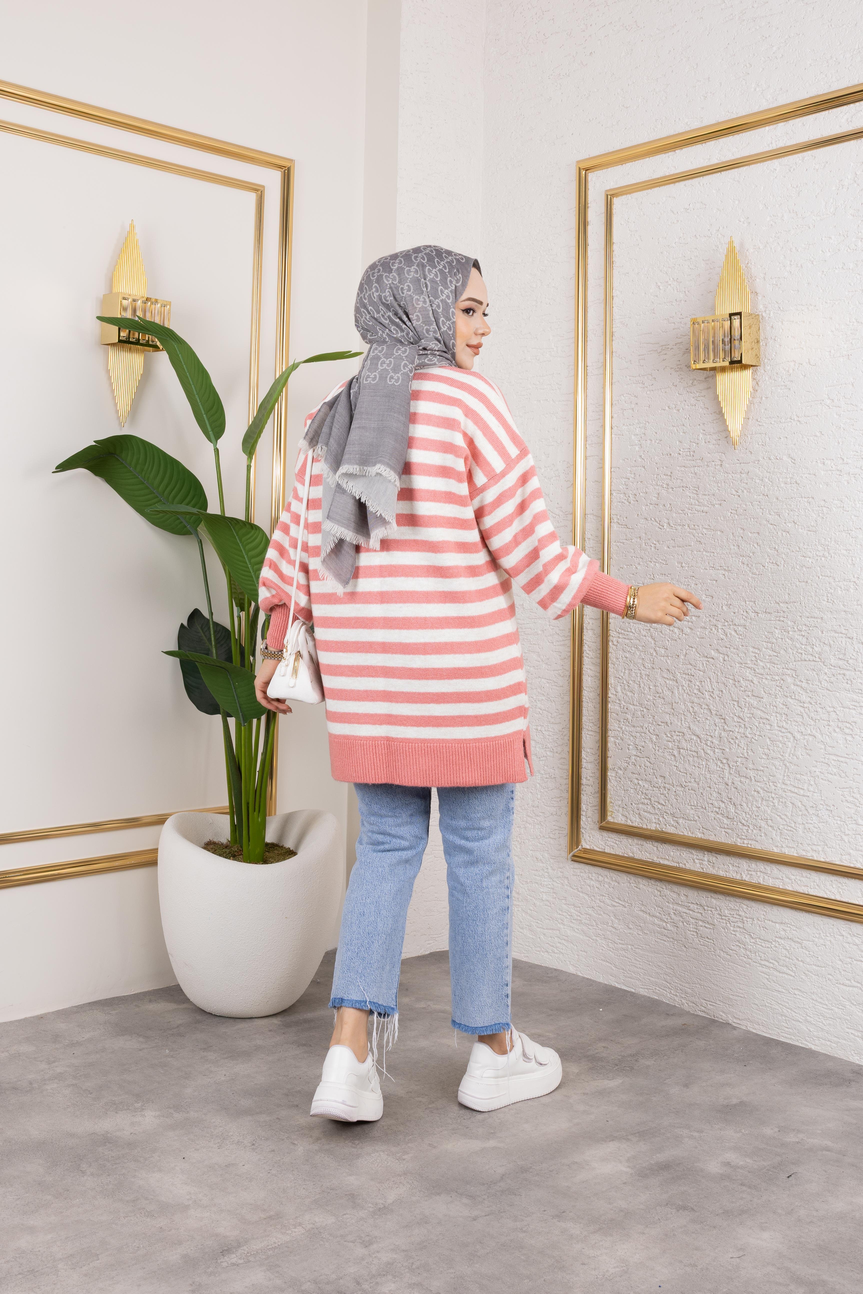 Kalın Çizgili Triko Pembe