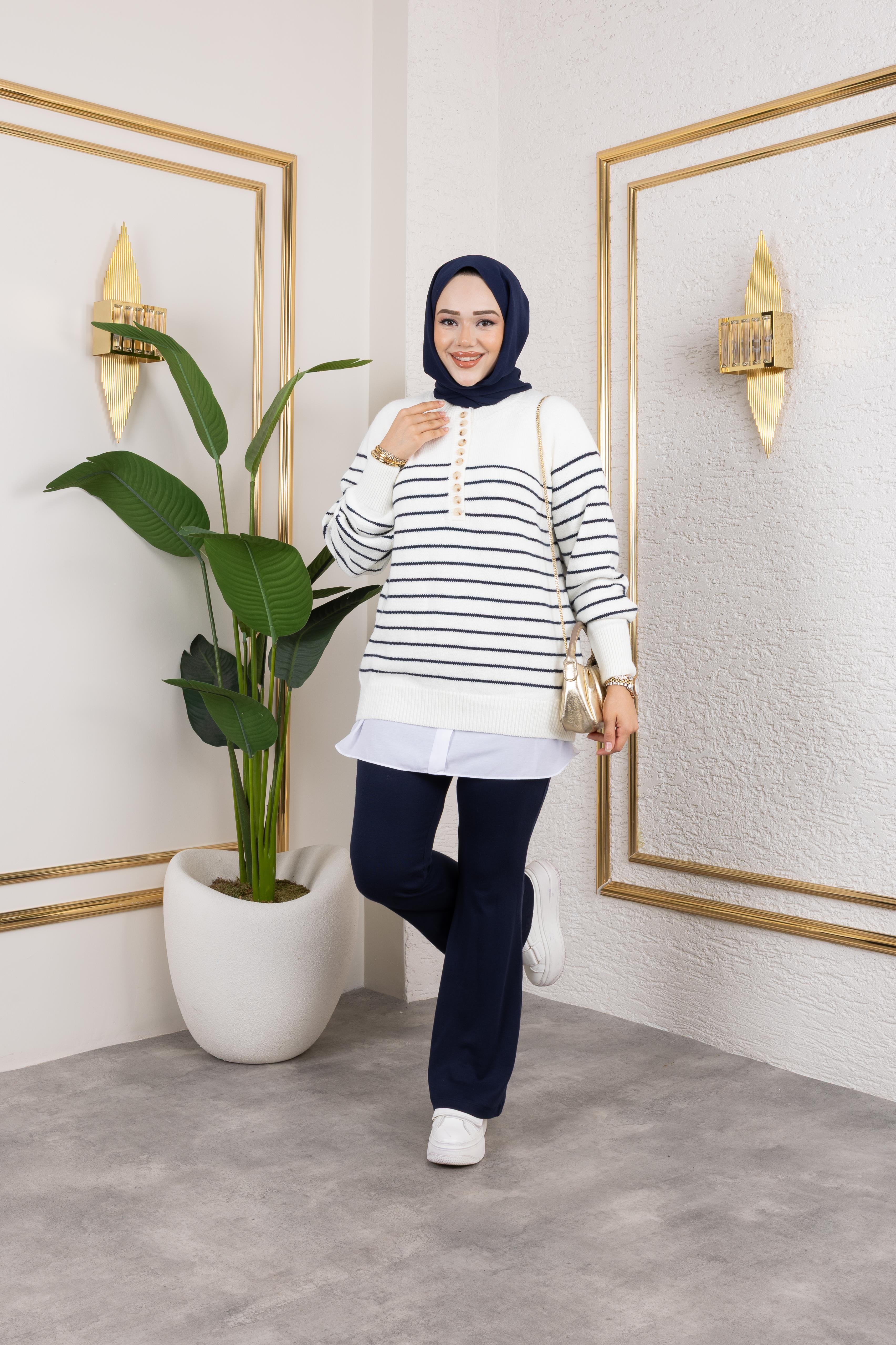 Mad Çizgili Kazak Ekru