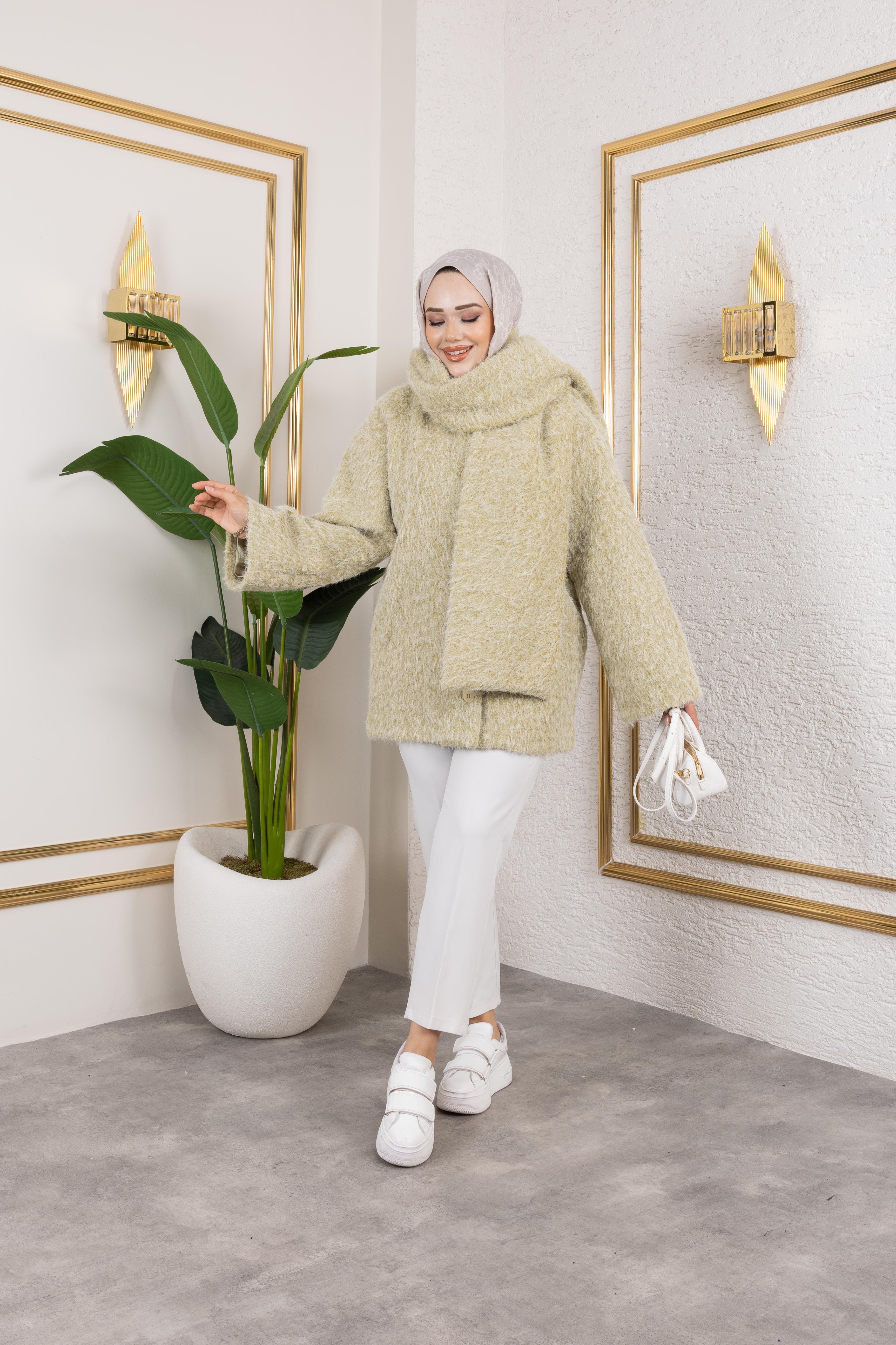 Mint Yeşili Atkılı Kaban
