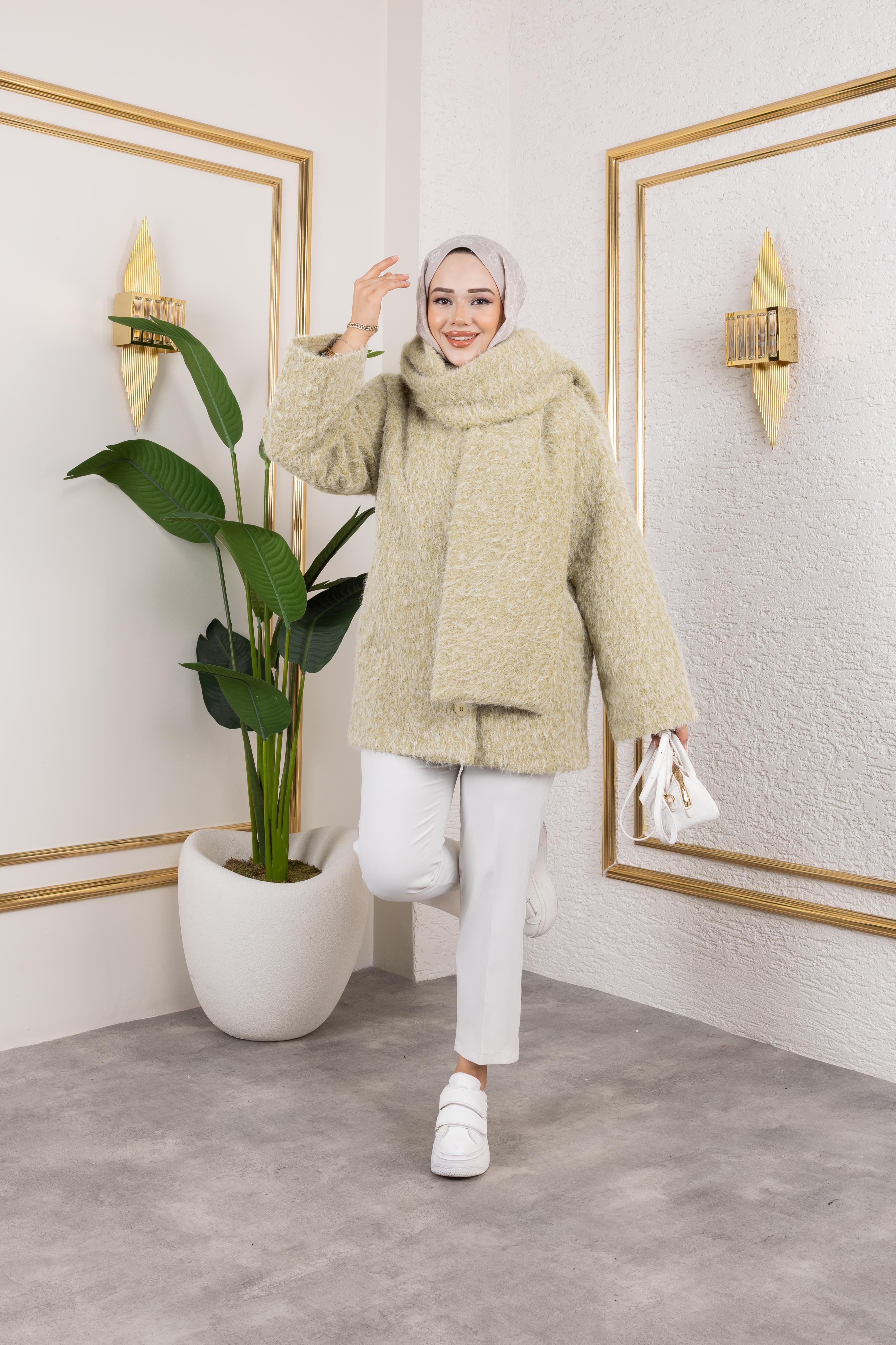 Mint Yeşili Atkılı Kaban