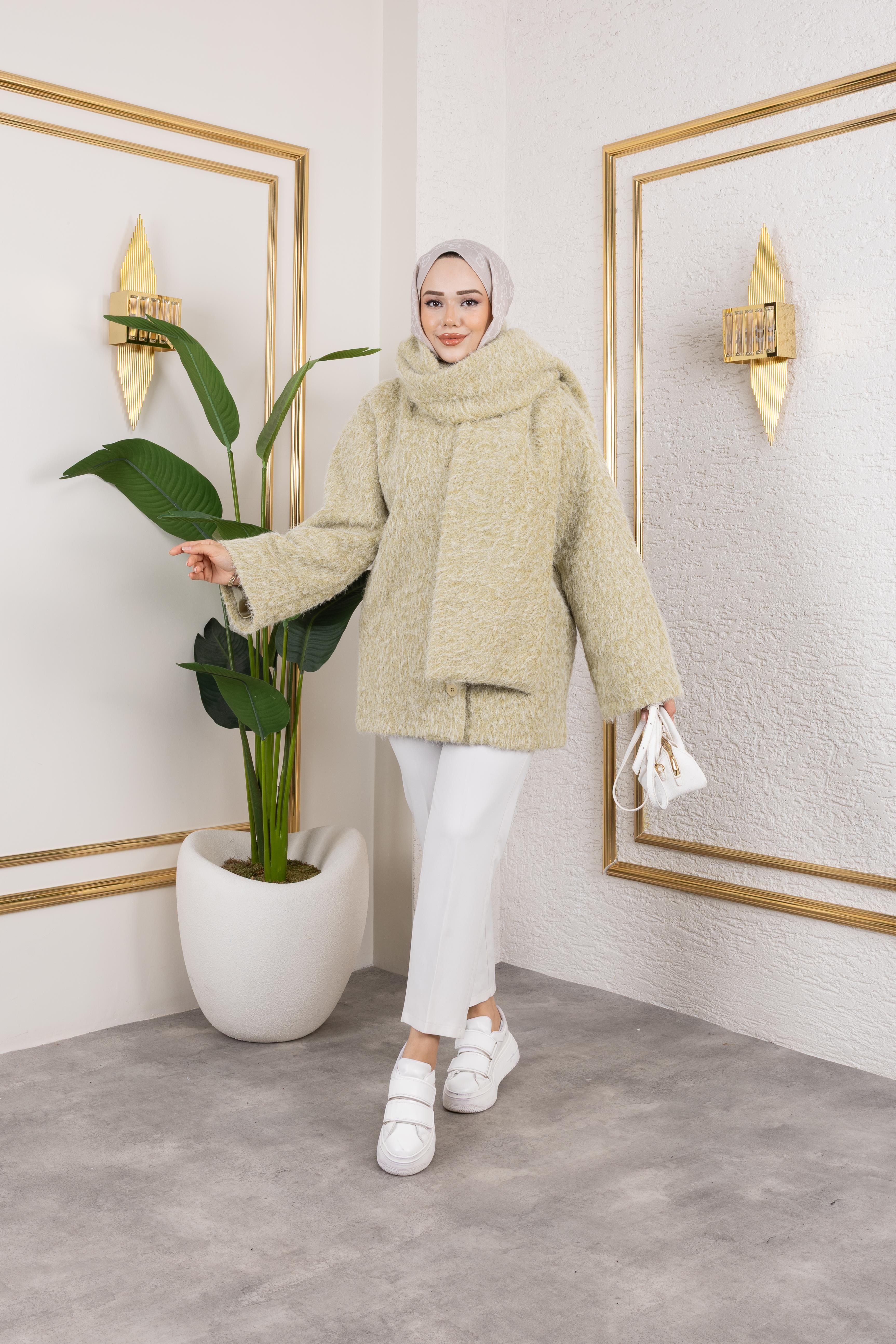 Mint Yeşili Atkılı Kaban
