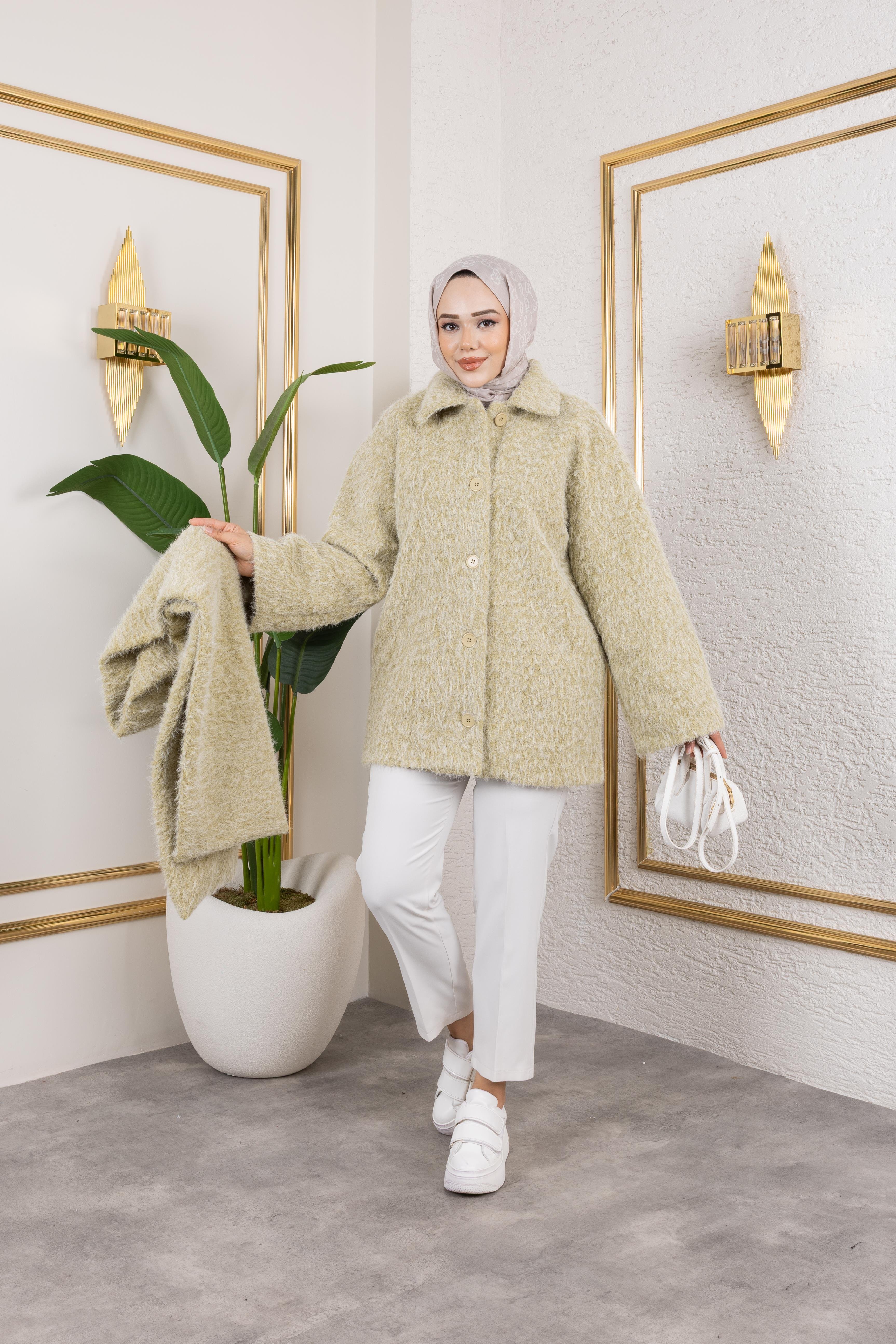 Mint Yeşili Atkılı Kaban