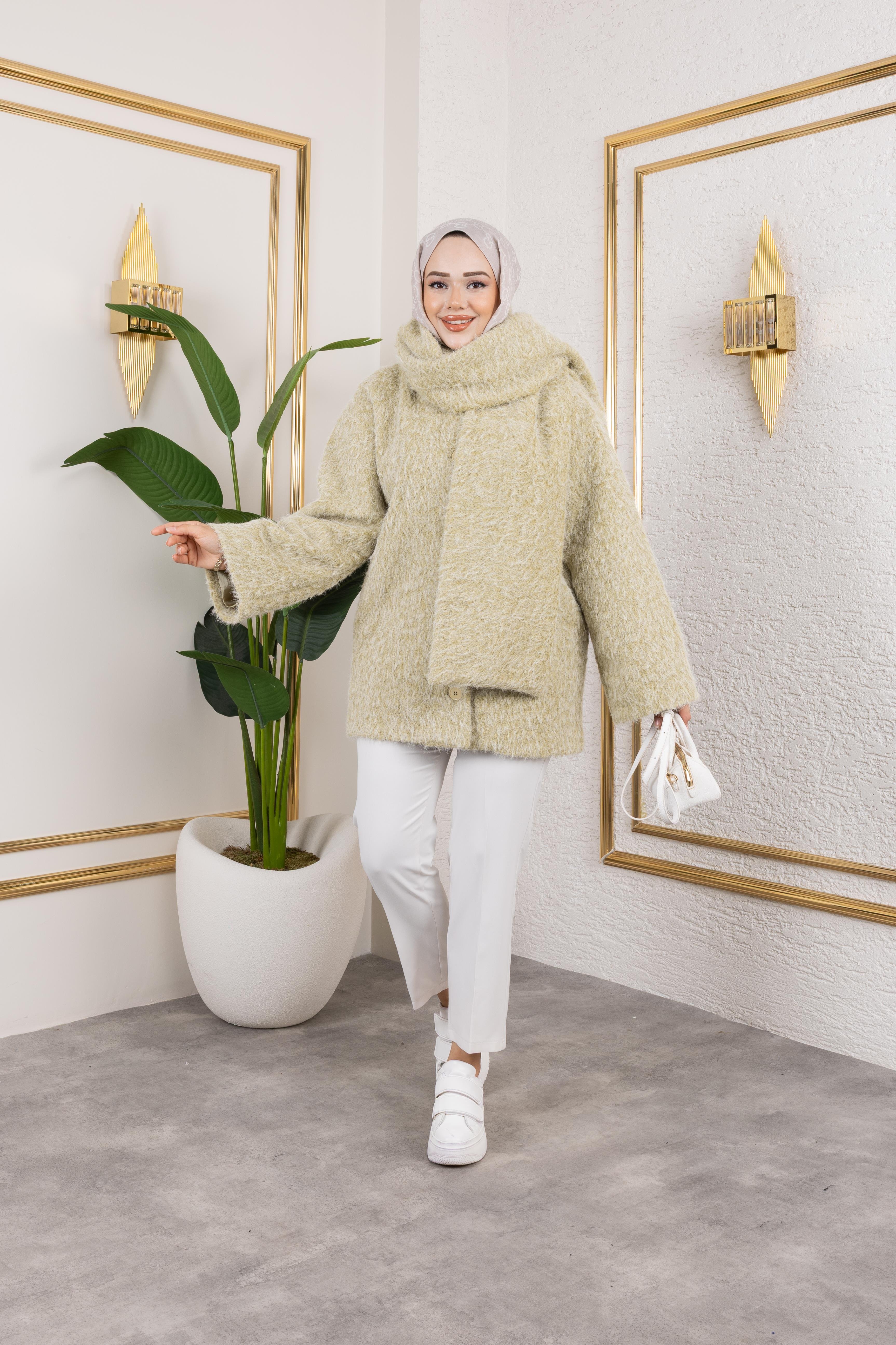 Mint Yeşili Atkılı Kaban